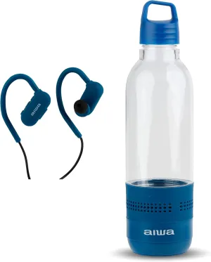AIWA Water Bottle with Speaker and Earphone Bundle - 400ml Water Bottle with 4 Hour Playtime and Wireless Sports Earphones with Integrated Mic, 10 Hours Playtime for Workout, Camping and Hiking