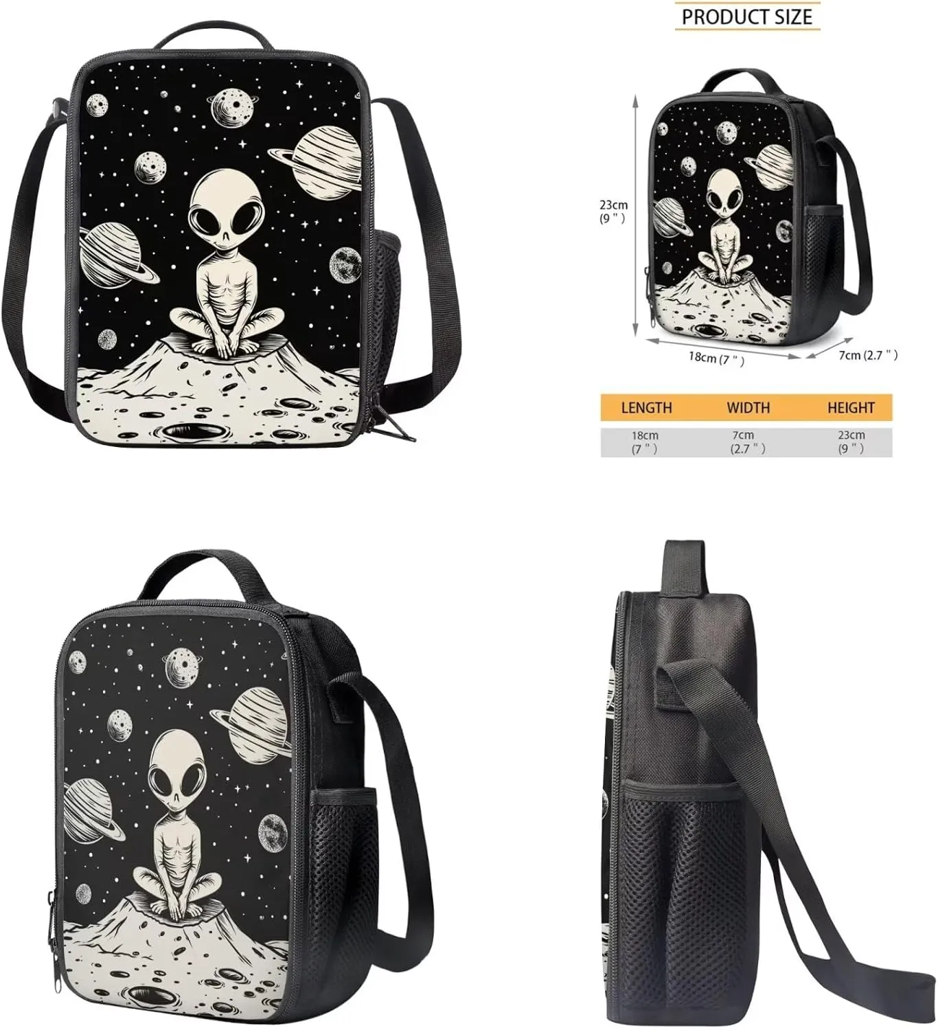 Alien Pattern Girls Bookbag with Lunch Box Age10-12 Years Old Messenger Bag for School Grease Proofing Foldable Lunch Box for Girls Pencil Case Pouch for Junior Middle School