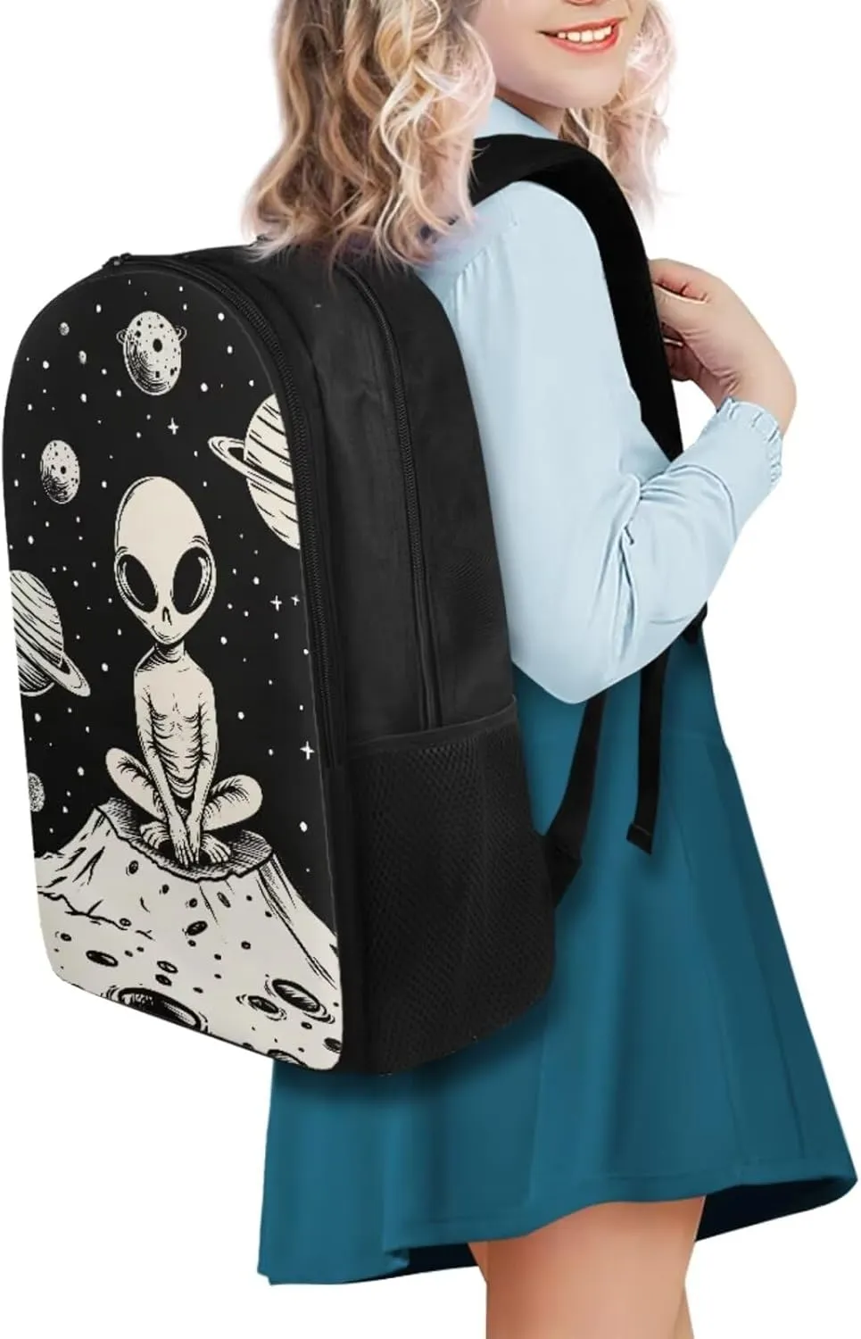 Alien Pattern Girls Bookbag with Lunch Box Age10-12 Years Old Messenger Bag for School Grease Proofing Foldable Lunch Box for Girls Pencil Case Pouch for Junior Middle School