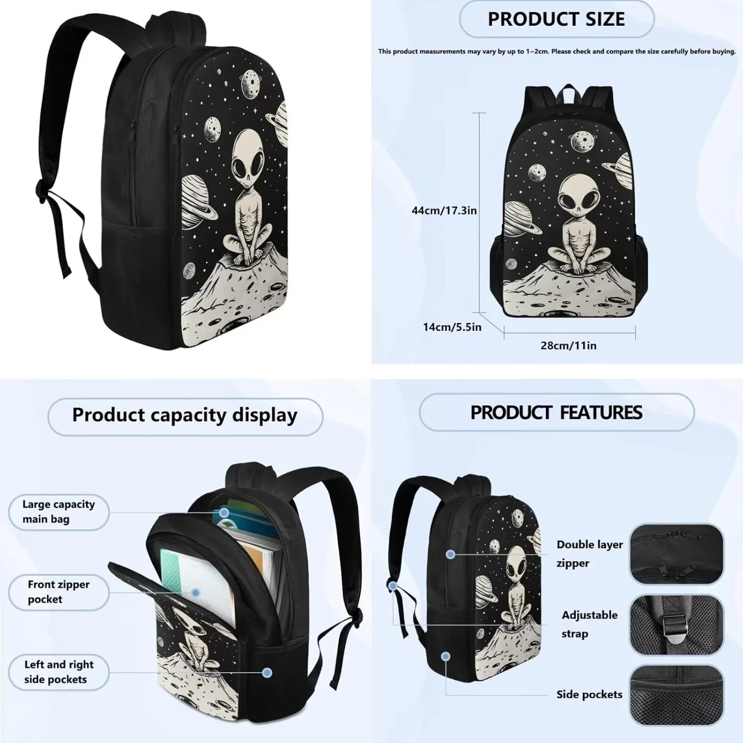 Alien Pattern Girls Bookbag with Lunch Box Age10-12 Years Old Messenger Bag for School Grease Proofing Foldable Lunch Box for Girls Pencil Case Pouch for Junior Middle School