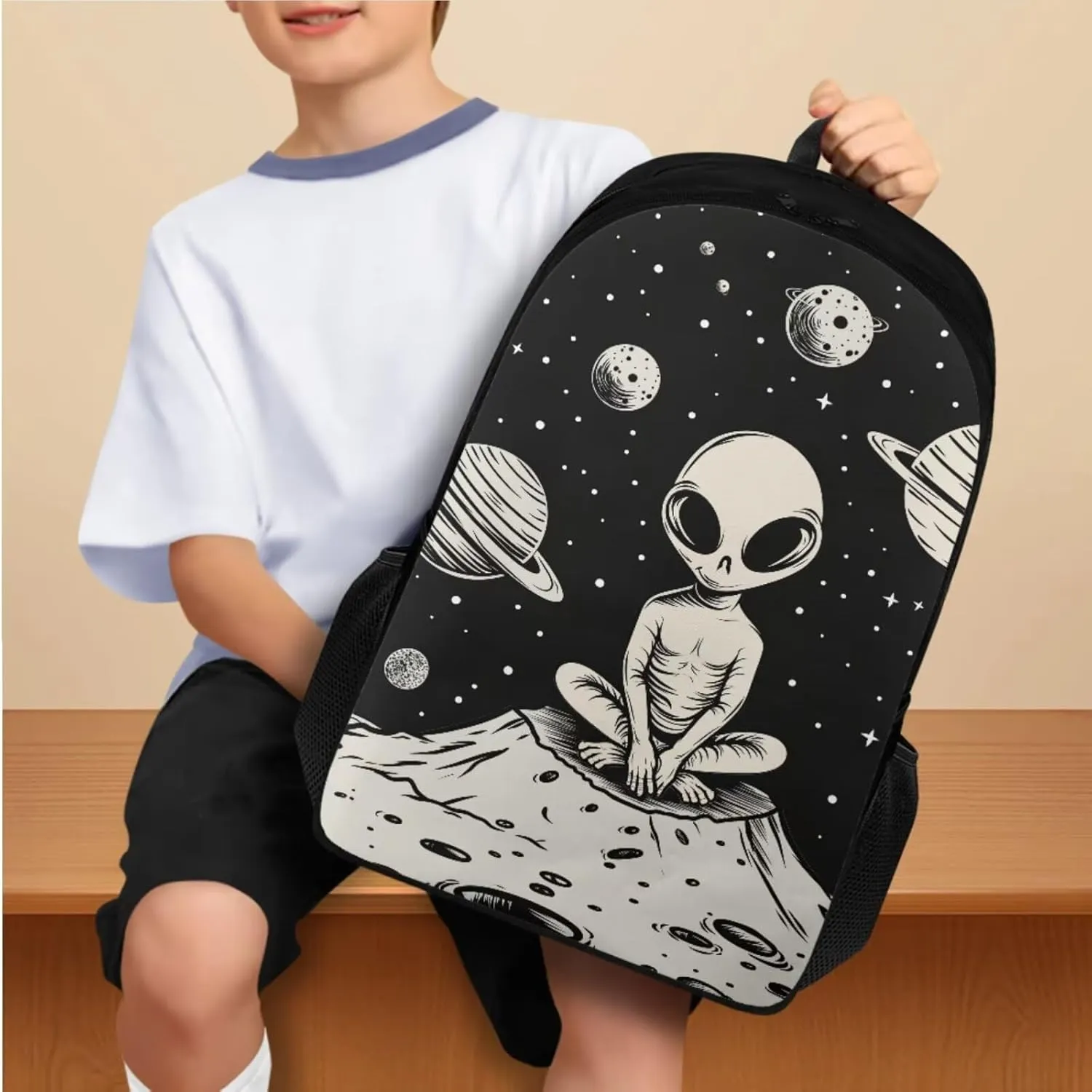 Alien Pattern Girls Bookbag with Lunch Box Age10-12 Years Old Messenger Bag for School Grease Proofing Foldable Lunch Box for Girls Pencil Case Pouch for Junior Middle School
