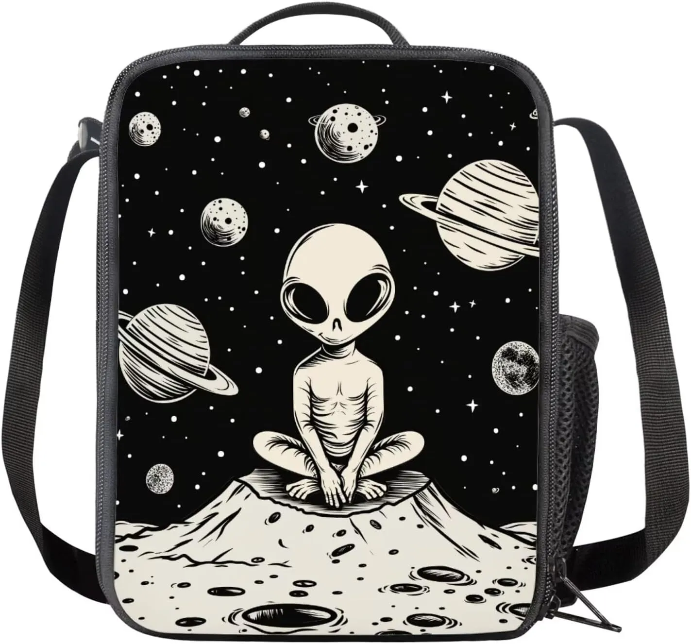 Alien Pattern Girls Bookbag with Lunch Box Age10-12 Years Old Messenger Bag for School Grease Proofing Foldable Lunch Box for Girls Pencil Case Pouch for Junior Middle School