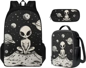 Alien Pattern Girls Bookbag with Lunch Box Age10-12 Years Old Messenger Bag for School Grease Proofing Foldable Lunch Box for Girls Pencil Case Pouch for Junior Middle School