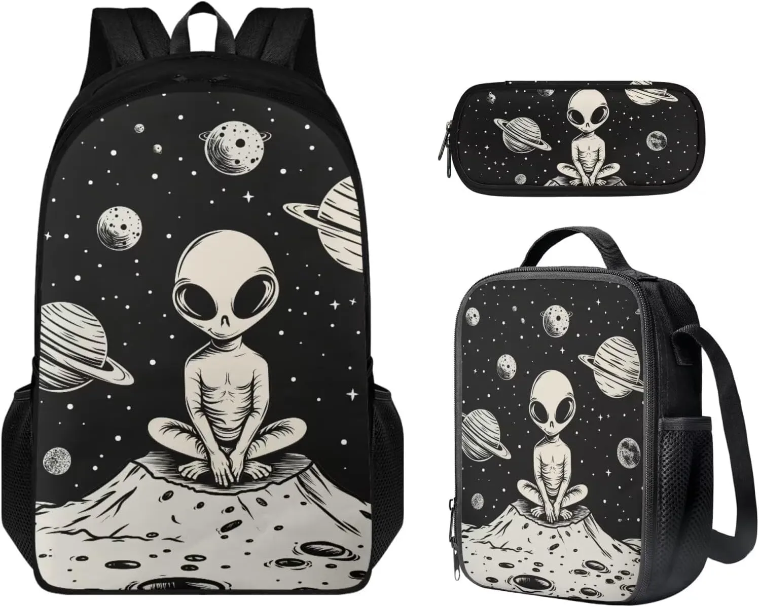 Alien Pattern Girls Bookbag with Lunch Box Age10-12 Years Old Messenger Bag for School Grease Proofing Foldable Lunch Box for Girls Pencil Case Pouch for Junior Middle School