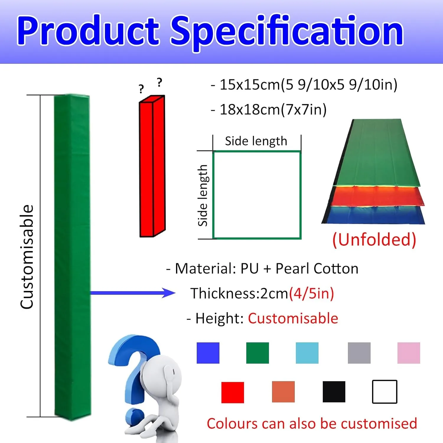 All-Weather Basketball Square Pole Padding Outdoor Interior, 4 Sided Pole Pad for Basketball Hoop/ Sunshade/ Surveillance Poles, Green Blue Red Basement Pole Wrap Column Cover(Red,18x18cm(7x7in))