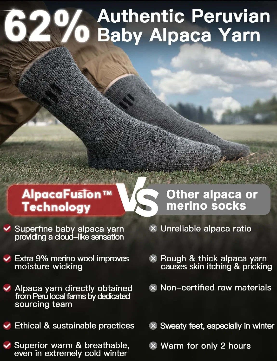 Alpaca Wool Crew Socks 2 pairs for Men and Women,Thick Thermal Winter Hunting Socks Hiking,Moisture Wicking Cushioned