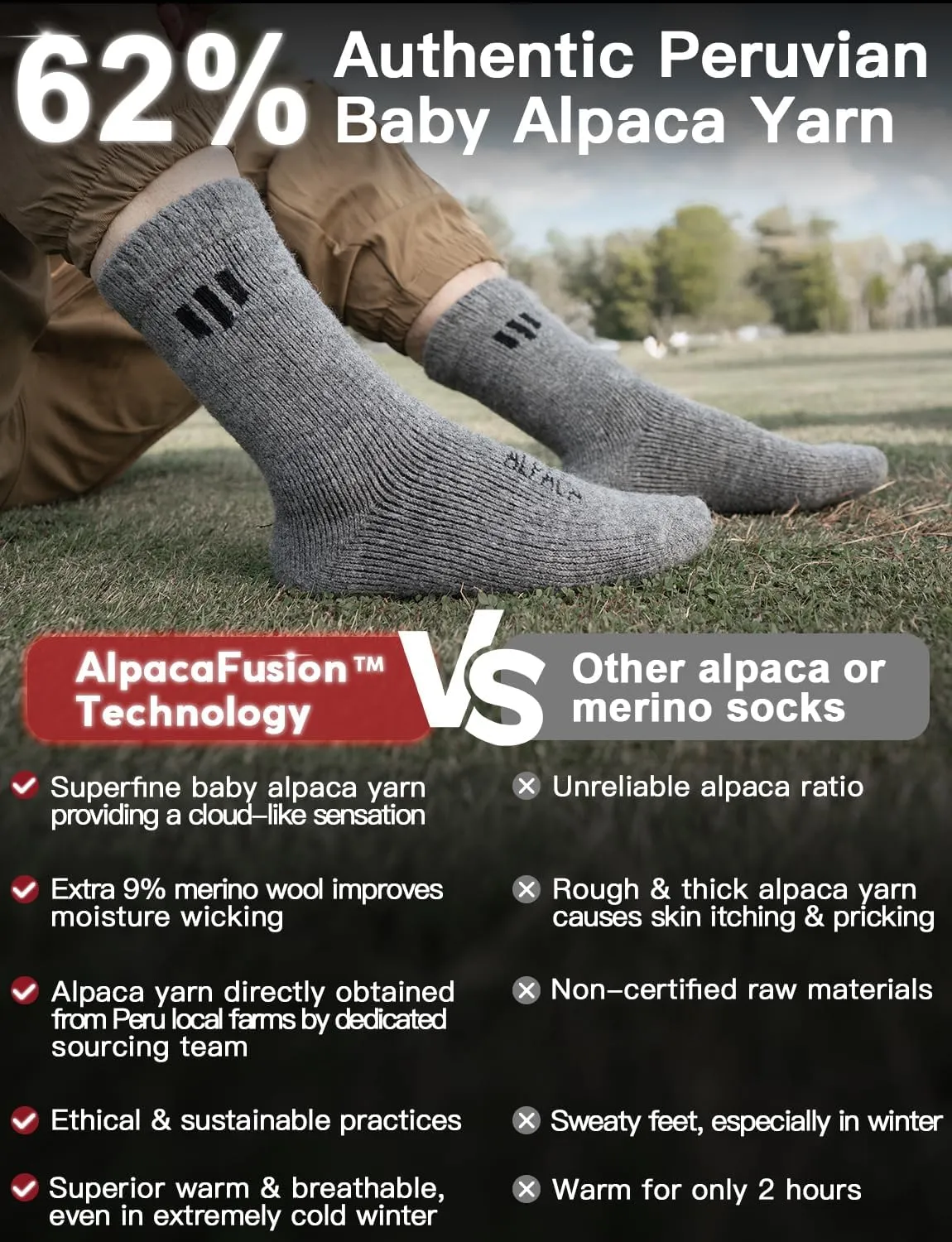 Alpaca Wool Crew Socks 2 pairs for Men and Women,Thick Thermal Winter Hunting Socks Hiking,Moisture Wicking Cushioned