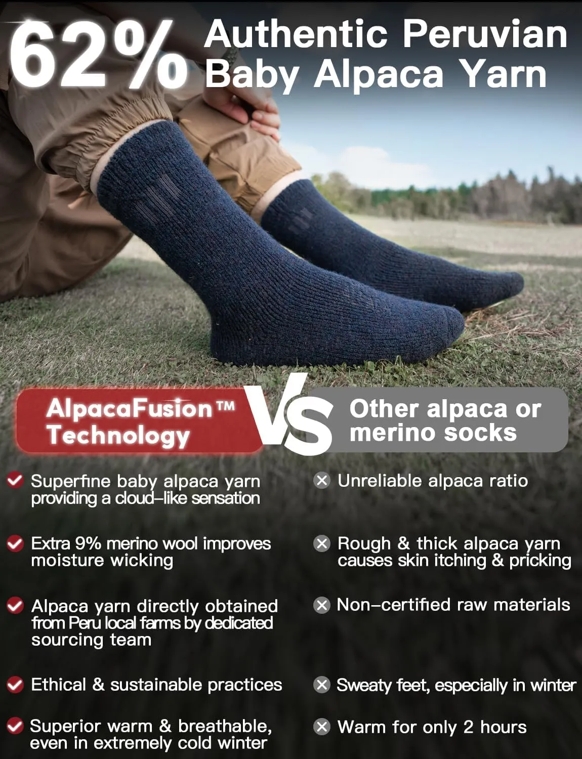 Alpaca Wool Crew Socks 2 pairs for Men and Women,Thick Thermal Winter Hunting Socks Hiking,Moisture Wicking Cushioned