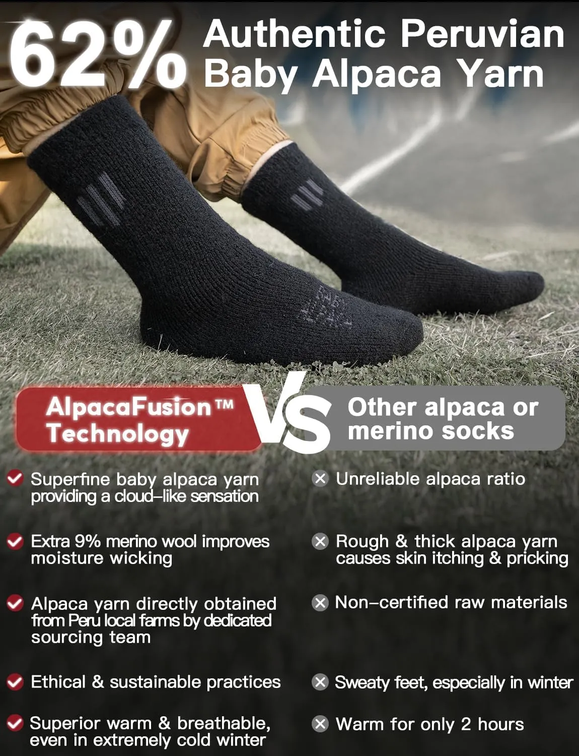 Alpaca Wool Crew Socks 2 pairs for Men and Women,Thick Thermal Winter Hunting Socks Hiking,Moisture Wicking Cushioned