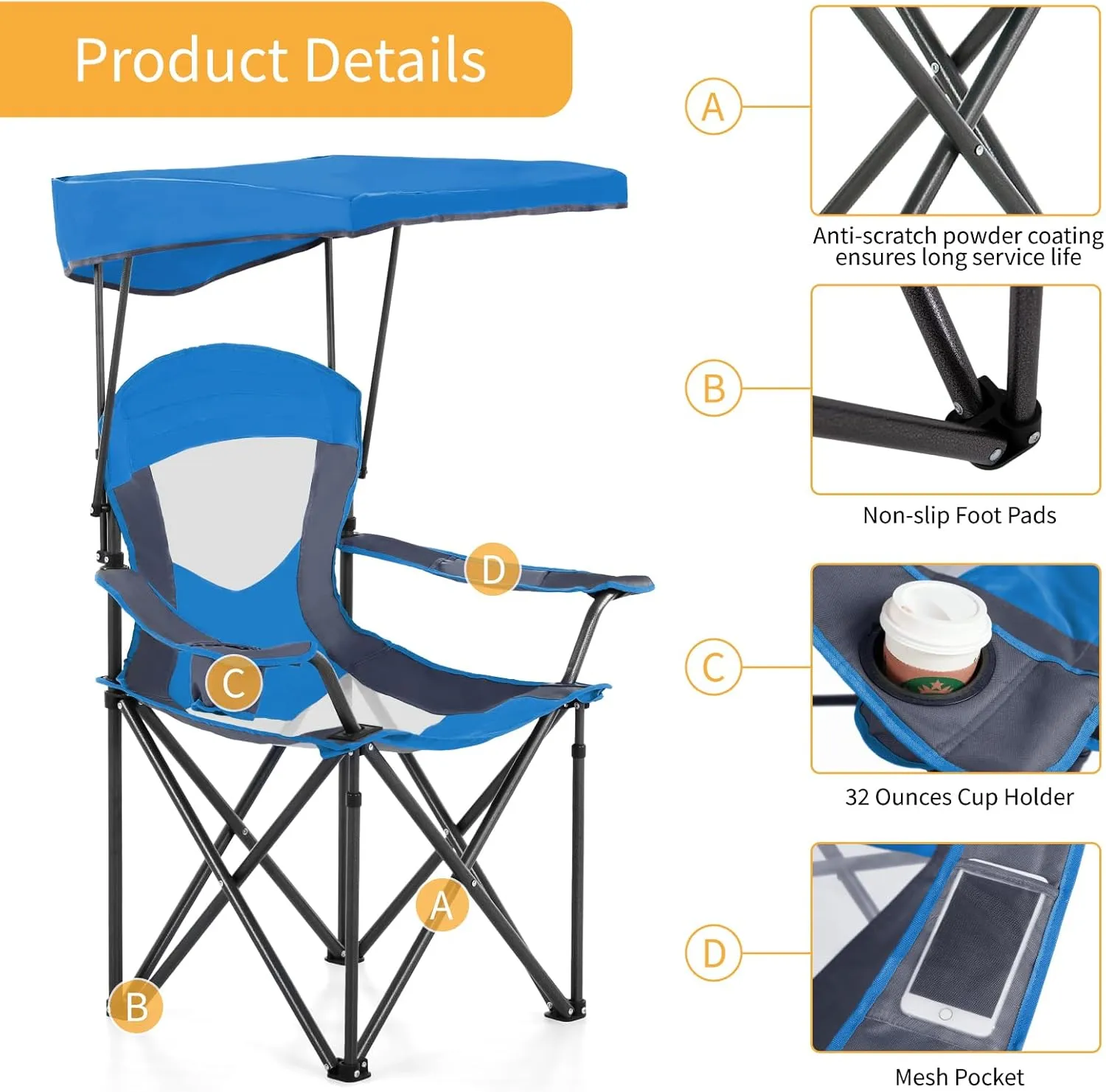 ALPHA CAMP Oversized Camping Chair with Shade Canopy, Folding Lawn Chairs
