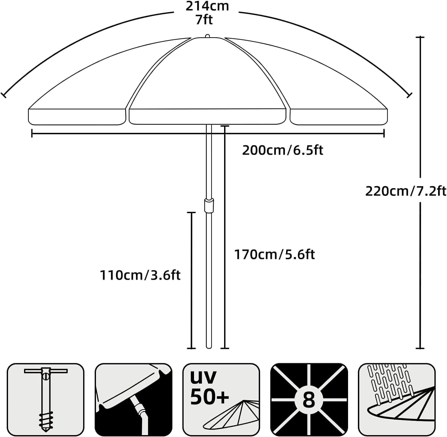 AMMSUN 7ft Heavy Duty High Wind Beach Umbrella Parasols with sand anchor Vent Tilt Sun Shelter, UV 50  Protection Portable Outdoor Sunshade Umbrellas Carry Bag for Patio Garden Pool Backyard Red