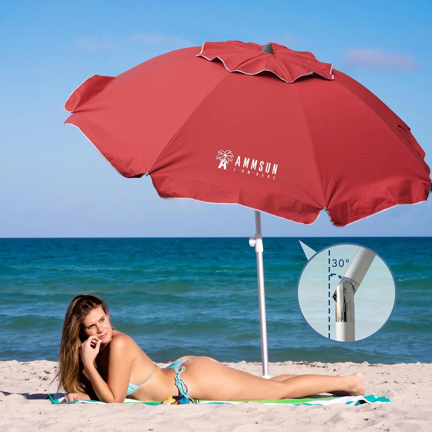 AMMSUN 7ft Heavy Duty High Wind Beach Umbrella Parasols with sand anchor Vent Tilt Sun Shelter, UV 50  Protection Portable Outdoor Sunshade Umbrellas Carry Bag for Patio Garden Pool Backyard Red