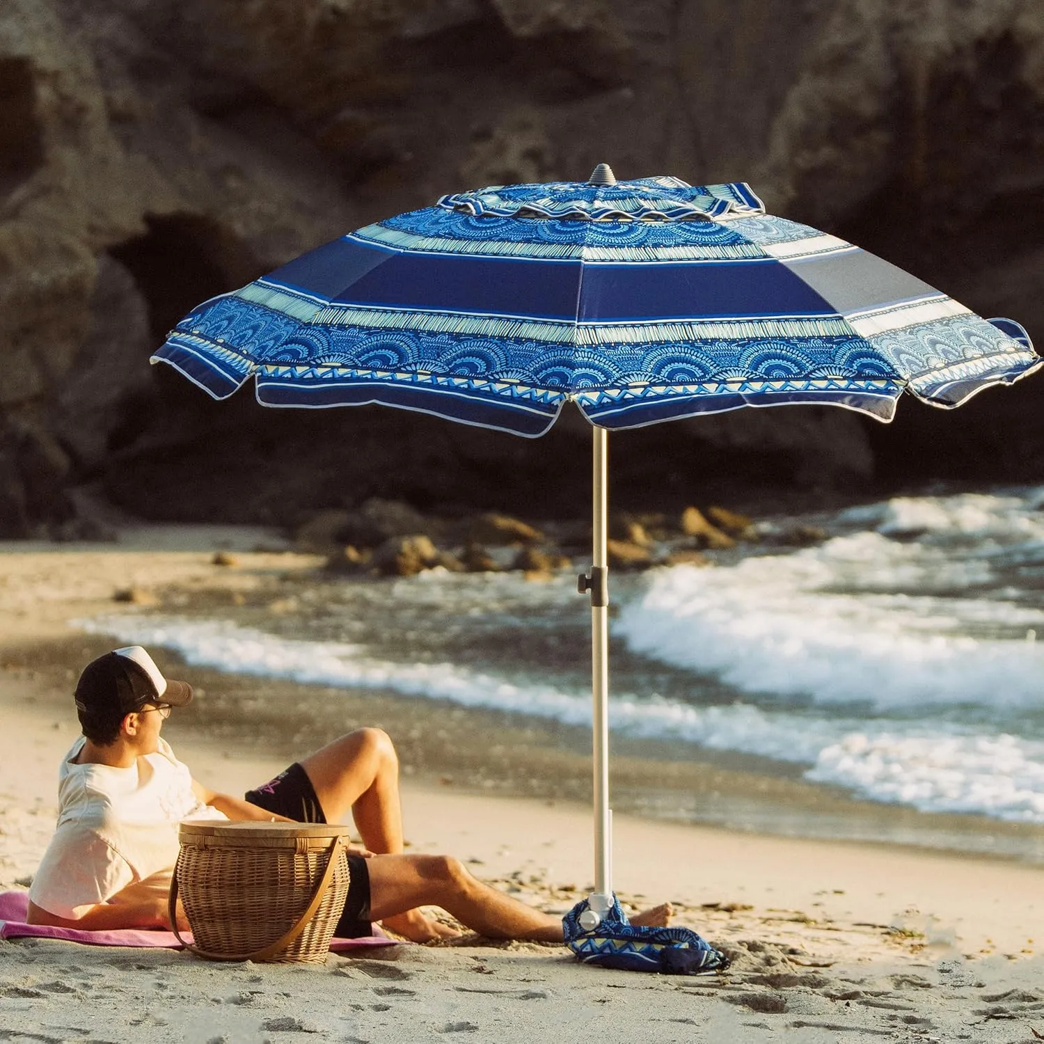 AMMSUN 7ft Heavy Duty High Wind Beach Umbrella with Sand Anchor & Tilt Sun Shelter, UPF50  Protection Outdoor Sunshade Umbrellas and Parasols Carry Bag for Patio Garden Beach Pool Backyard