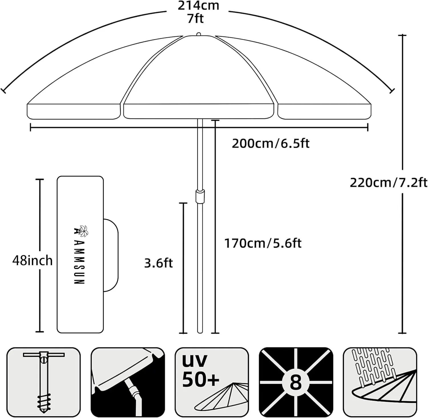 AMMSUN 7ft Heavy Duty High Wind Beach Umbrella with Sand Anchor & Tilt Sun Shelter, UPF50  Protection Outdoor Sunshade Umbrellas and Parasols Carry Bag for Patio Garden Beach Pool Backyard