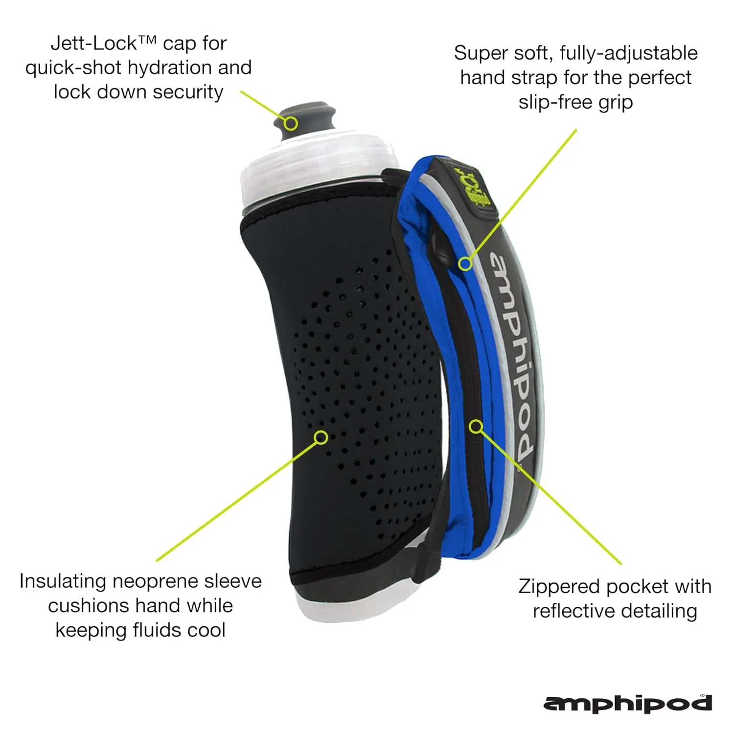 Amphipod Hydraform Jett-Lite Thermal Handheld, Ergonomic Hydration & Storage for Runners, Hikers & Athletes - Swift Blue/Black - 20 oz.