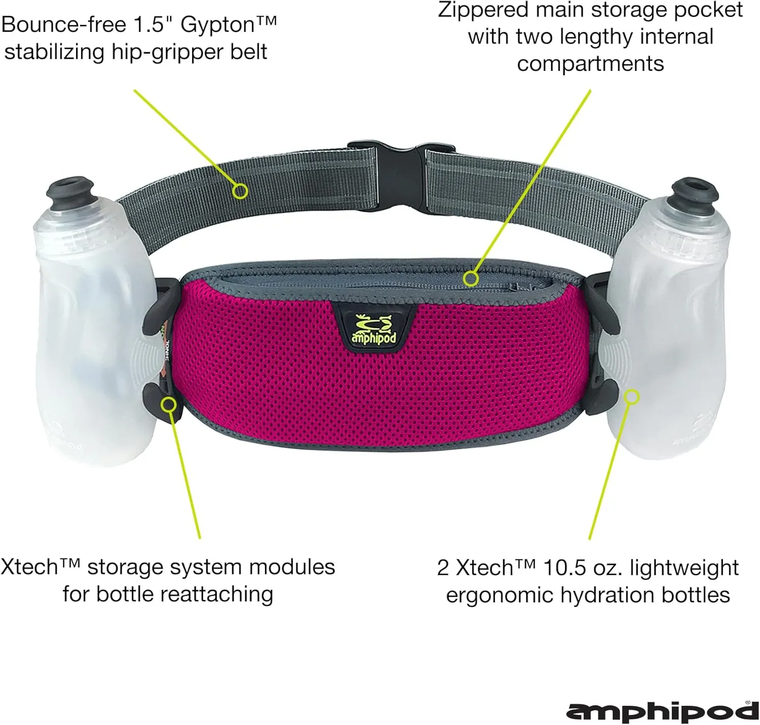 Amphipod RunLite Xtech 10K Hydration Belt, Ultra Runners Waist & Hydration Belt for Endurance Running, Racing, Men & Women - Cerise - 21 oz
