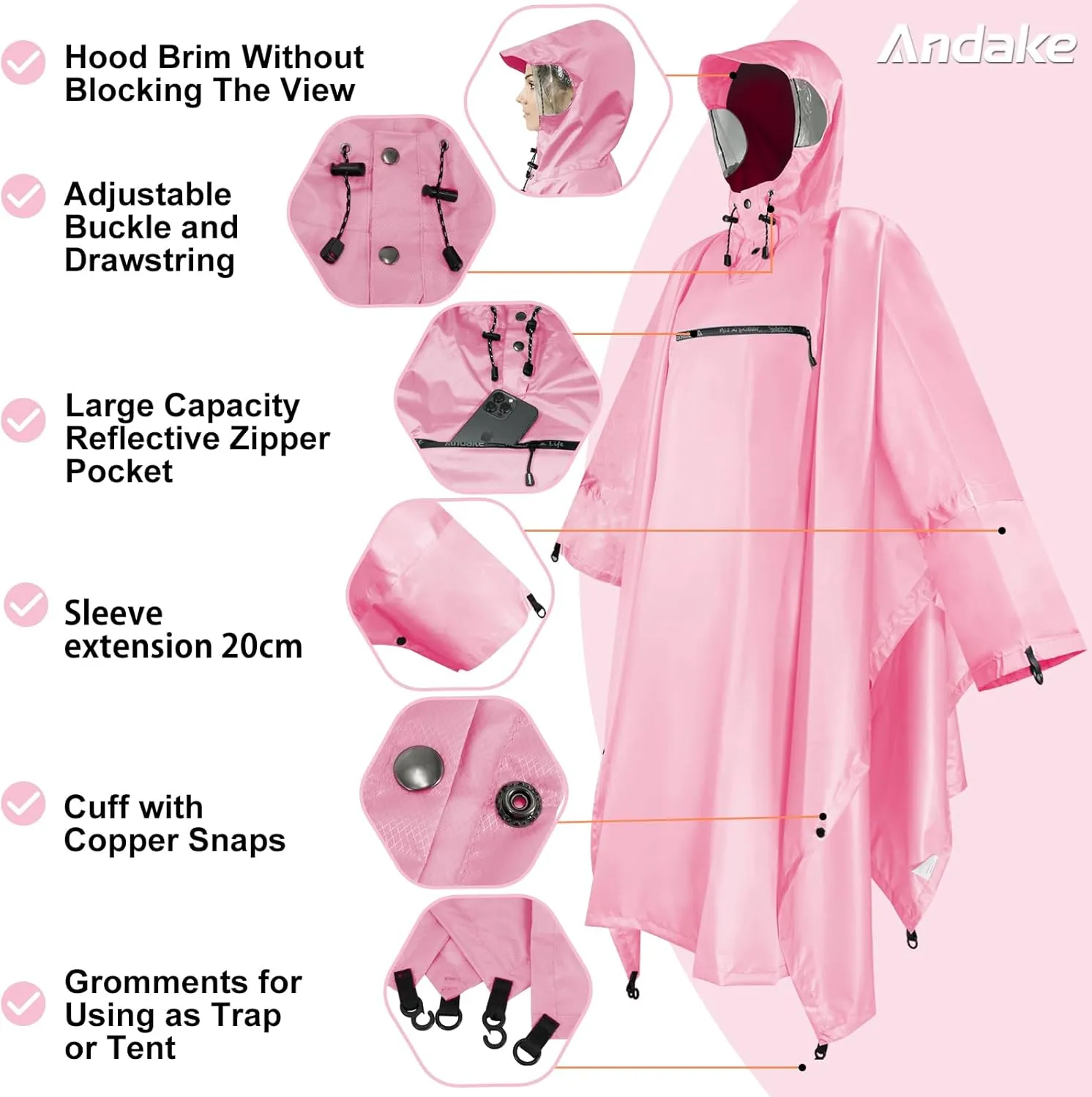Andake Waterproof Rain Poncho for Adults Unisex,230T Ripstop Polyester,Raincoat Gear with Transparent Viewing Window Outdoors