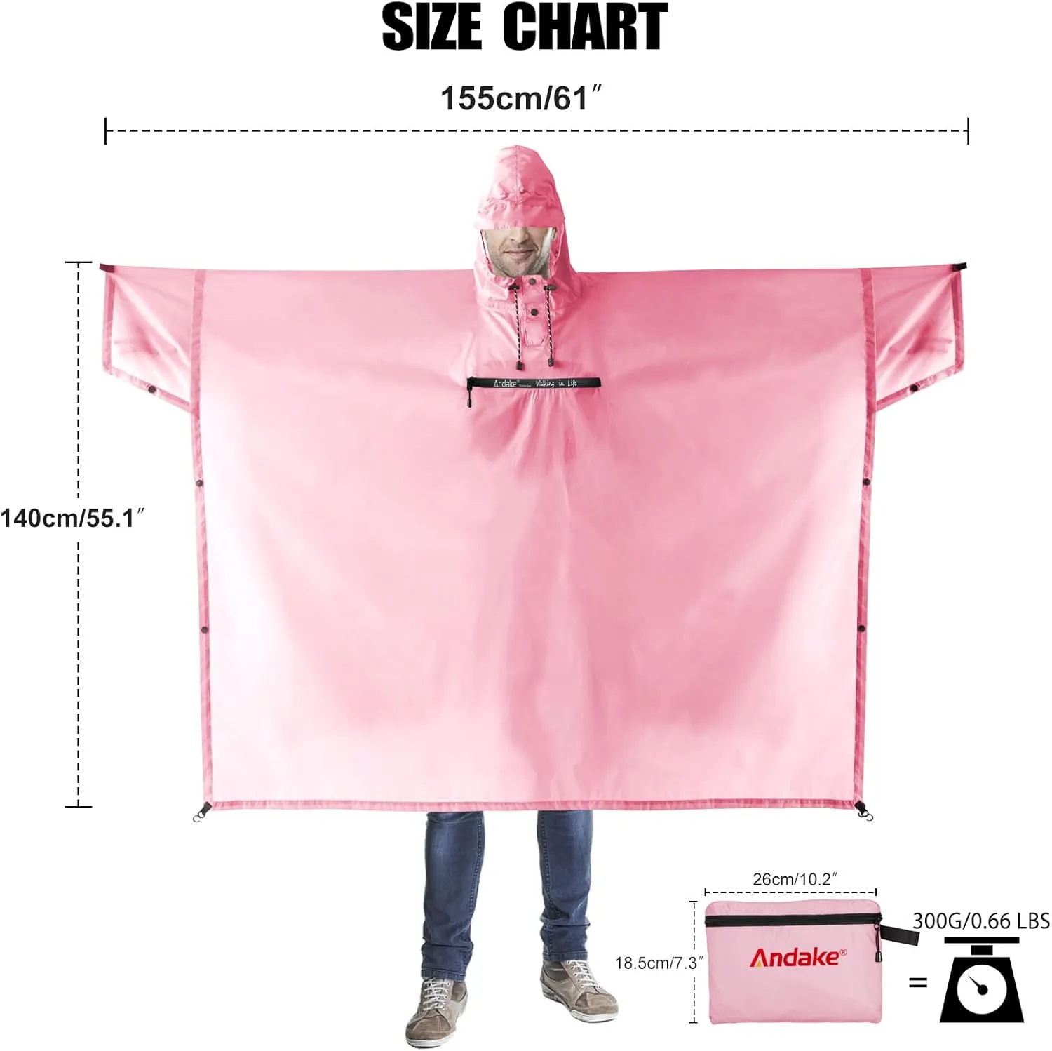 Andake Waterproof Rain Poncho for Adults Unisex,230T Ripstop Polyester,Raincoat Gear with Transparent Viewing Window Outdoors