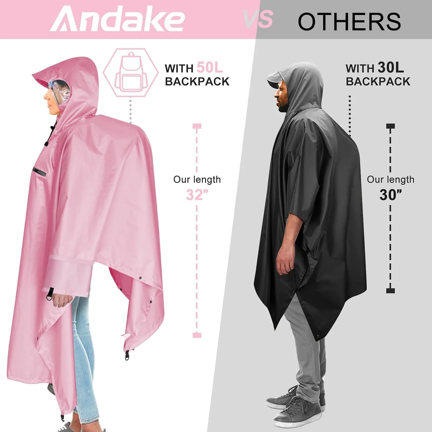 Andake Waterproof Rain Poncho for Adults Unisex,230T Ripstop Polyester,Raincoat Gear with Transparent Viewing Window Outdoors