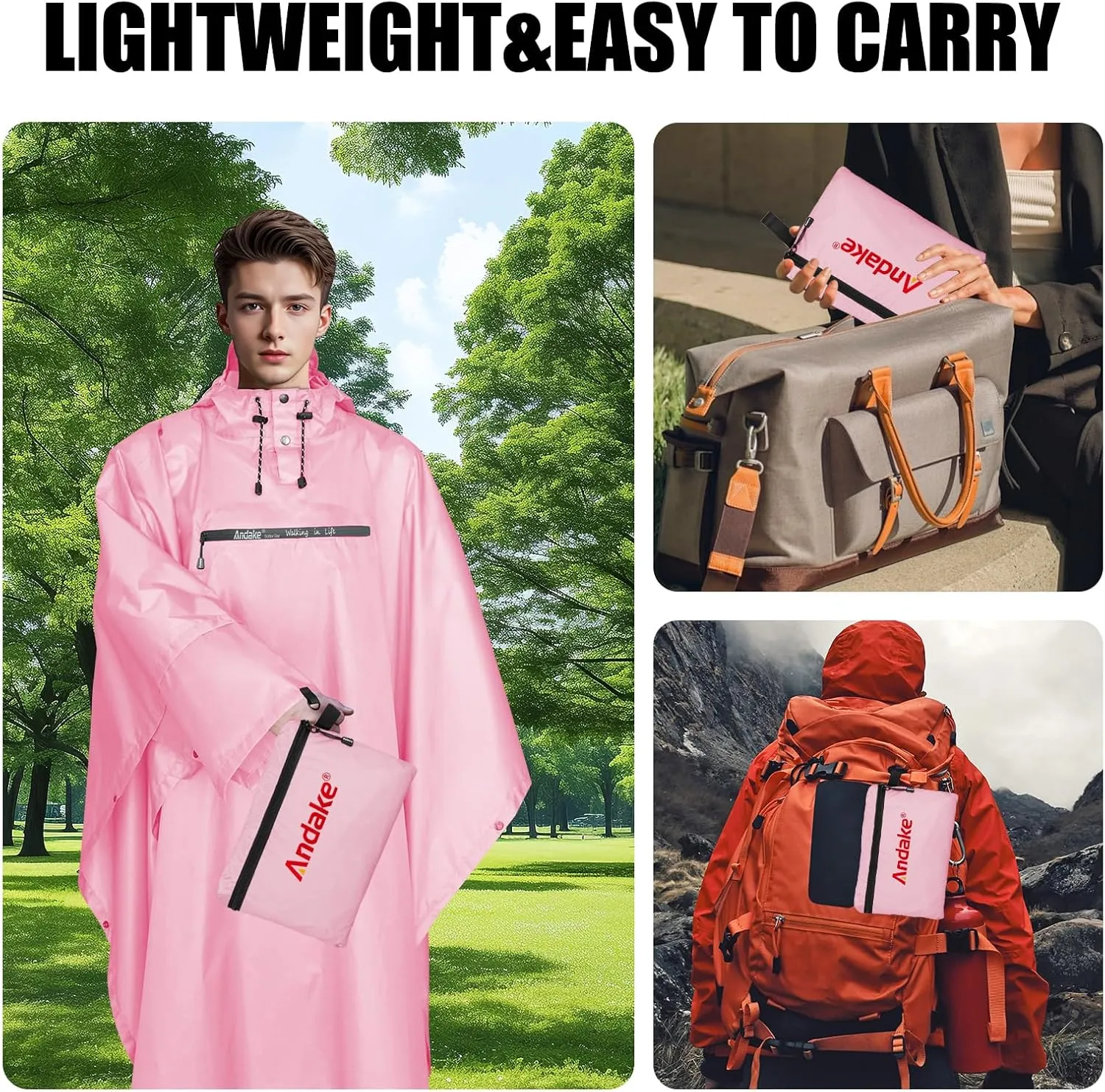 Andake Waterproof Rain Poncho for Adults Unisex,230T Ripstop Polyester,Raincoat Gear with Transparent Viewing Window Outdoors