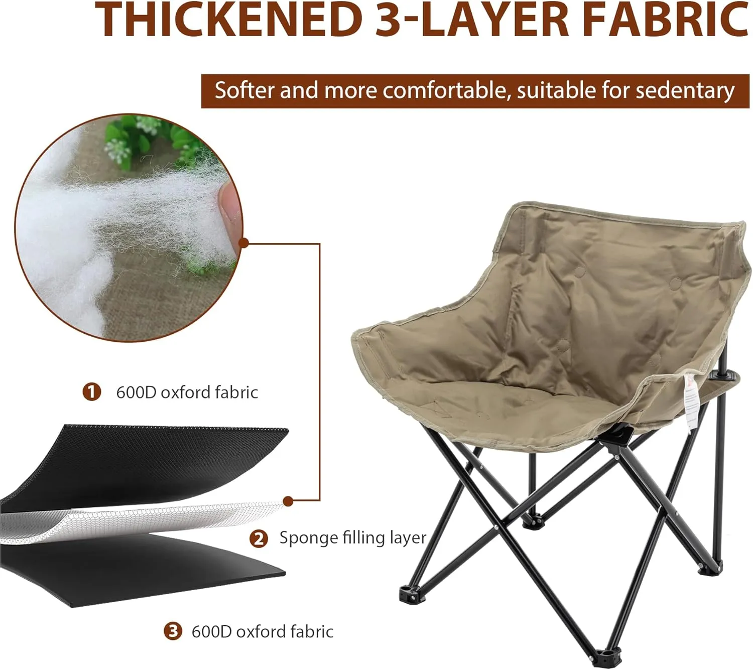 Andeworld Camping Chairs, Padded Moon Chair for Adults, Folding Camp Lawn Chairs with Storage Bag Carry Bag,Support up to 330lbs for Fishing,Camp,Picnics,Beach,Lawn,Khaki