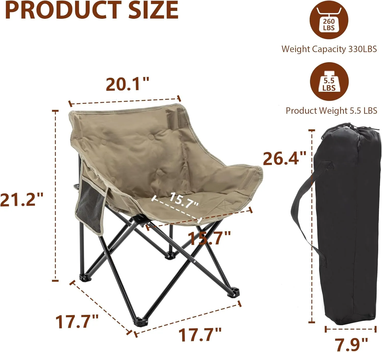 Andeworld Camping Chairs, Padded Moon Chair for Adults, Folding Camp Lawn Chairs with Storage Bag Carry Bag,Support up to 330lbs for Fishing,Camp,Picnics,Beach,Lawn,Khaki