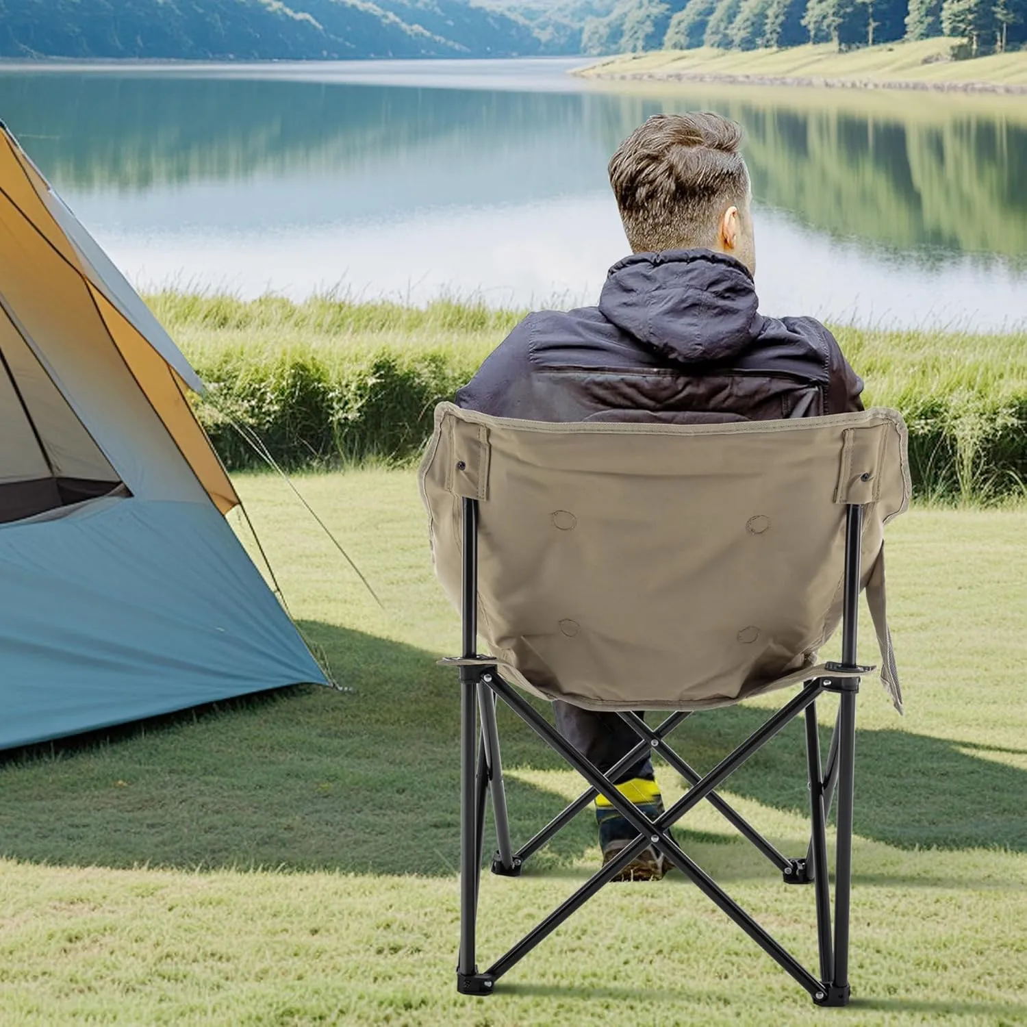 Andeworld Camping Chairs, Padded Moon Chair for Adults, Folding Camp Lawn Chairs with Storage Bag Carry Bag,Support up to 330lbs for Fishing,Camp,Picnics,Beach,Lawn,Khaki