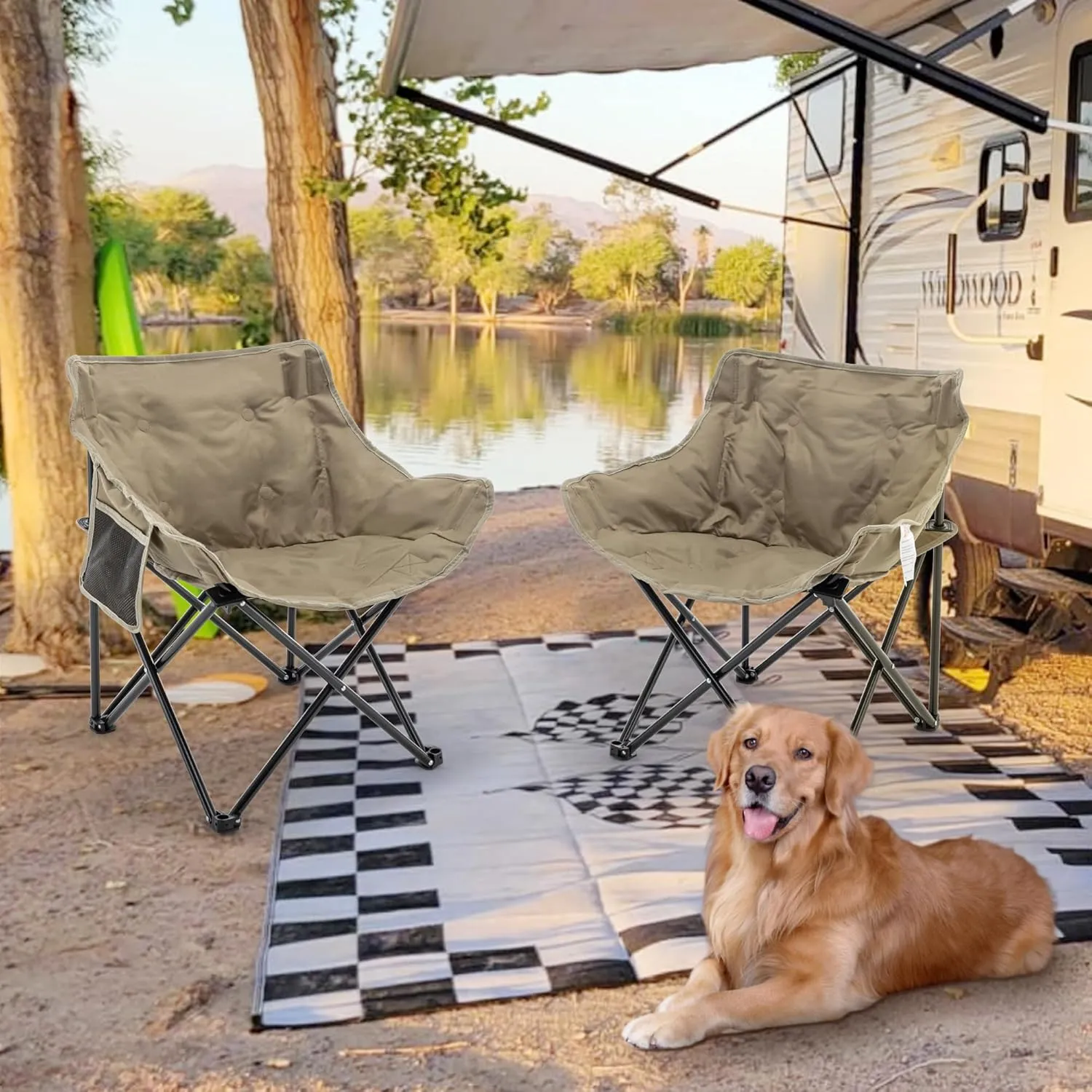 Andeworld Camping Chairs, Padded Moon Chair for Adults, Folding Camp Lawn Chairs with Storage Bag Carry Bag,Support up to 330lbs for Fishing,Camp,Picnics,Beach,Lawn,Khaki