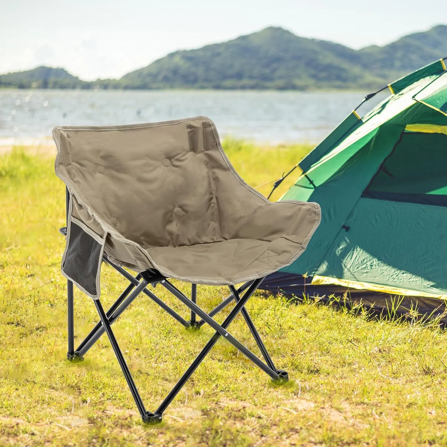 Andeworld Camping Chairs, Padded Moon Chair for Adults, Folding Camp Lawn Chairs with Storage Bag Carry Bag,Support up to 330lbs for Fishing,Camp,Picnics,Beach,Lawn,Khaki