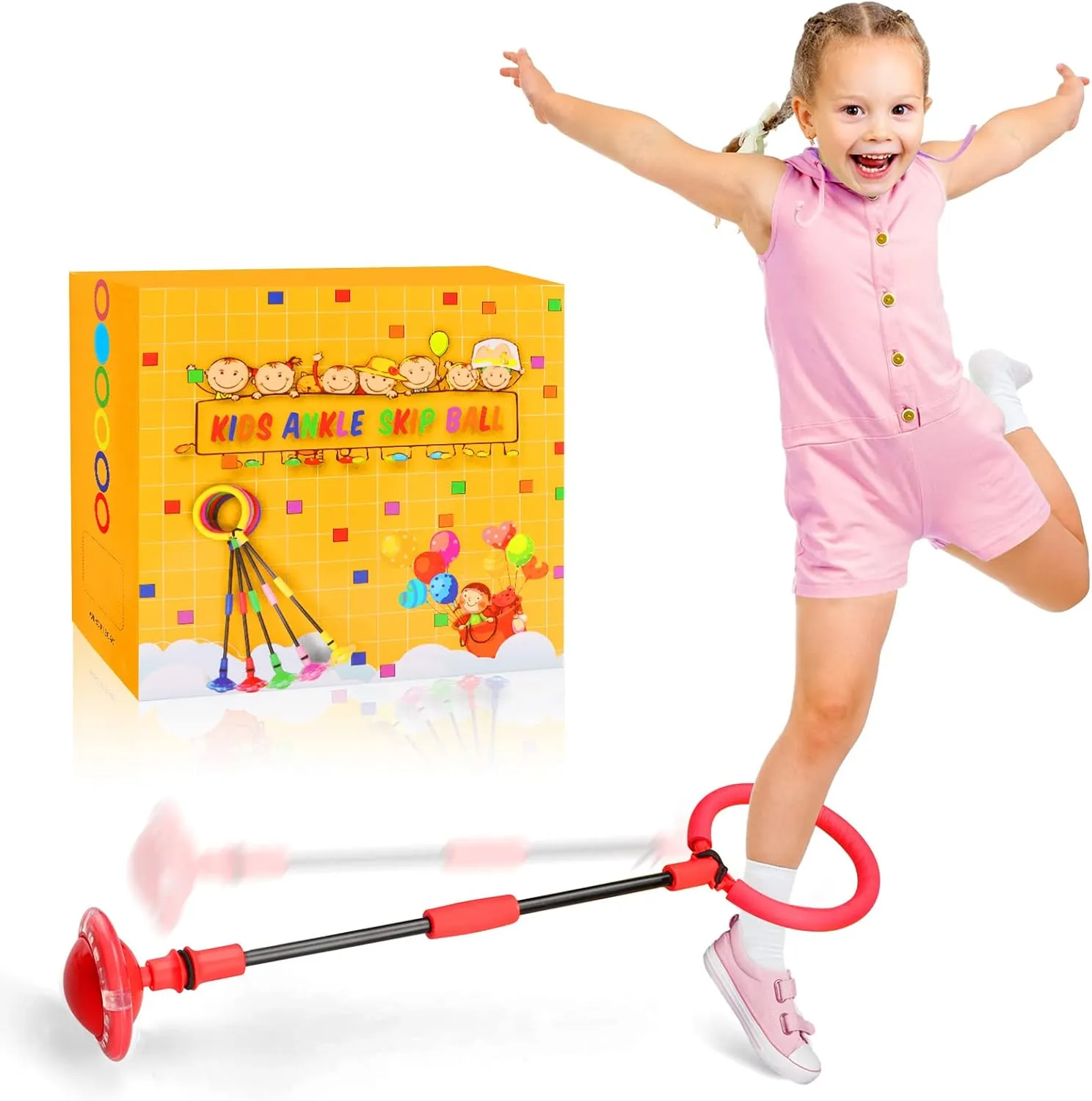 Ankle Skip Ball for Kids - Foldable Flash Wheel Skip Ball, Outside Game Toys for Kids & Adults, Gift for Boys & Girls Age 5 6 7 8 9 10 Years Old, Red