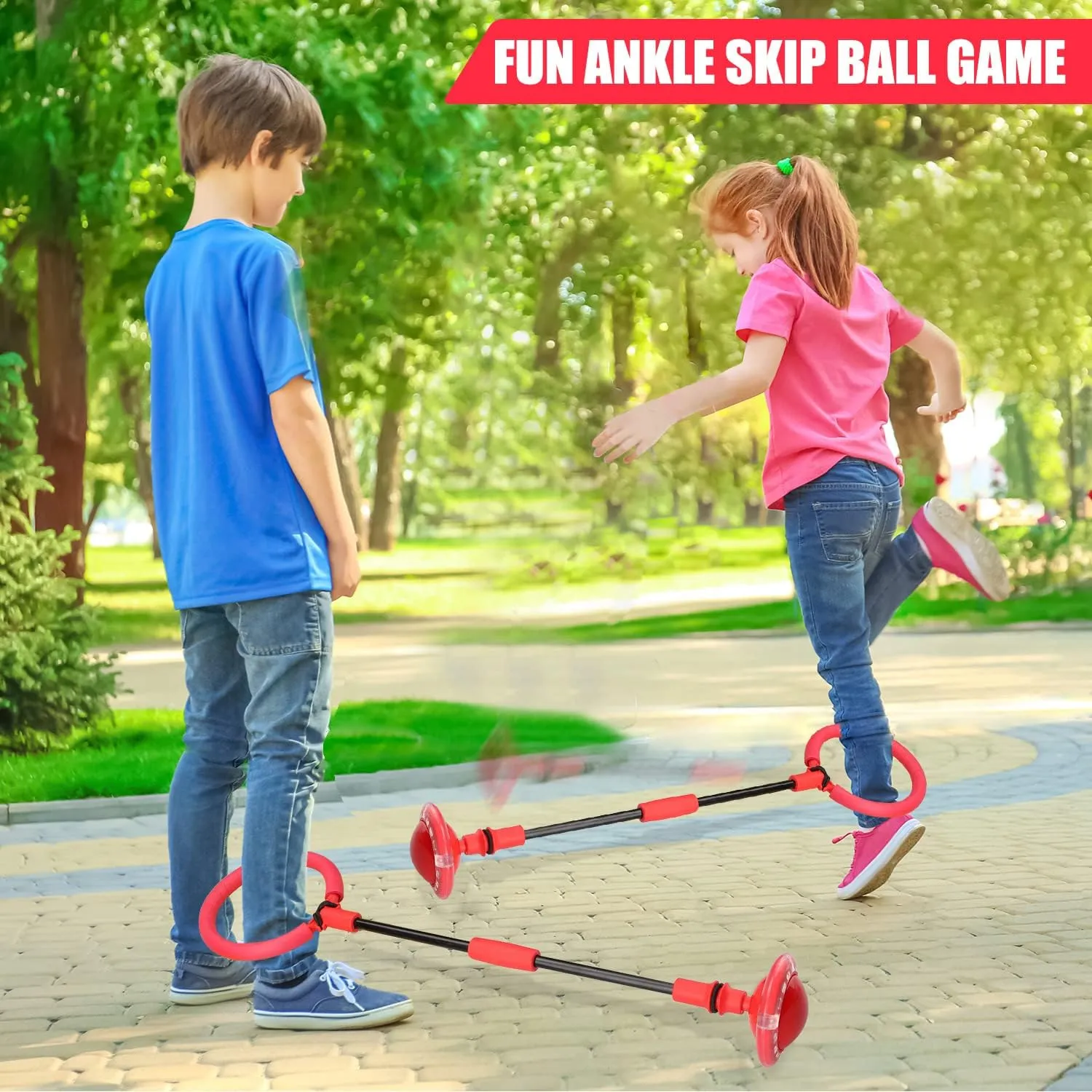 Ankle Skip Ball for Kids - Foldable Flash Wheel Skip Ball, Outside Game Toys for Kids & Adults, Gift for Boys & Girls Age 5 6 7 8 9 10 Years Old, Red
