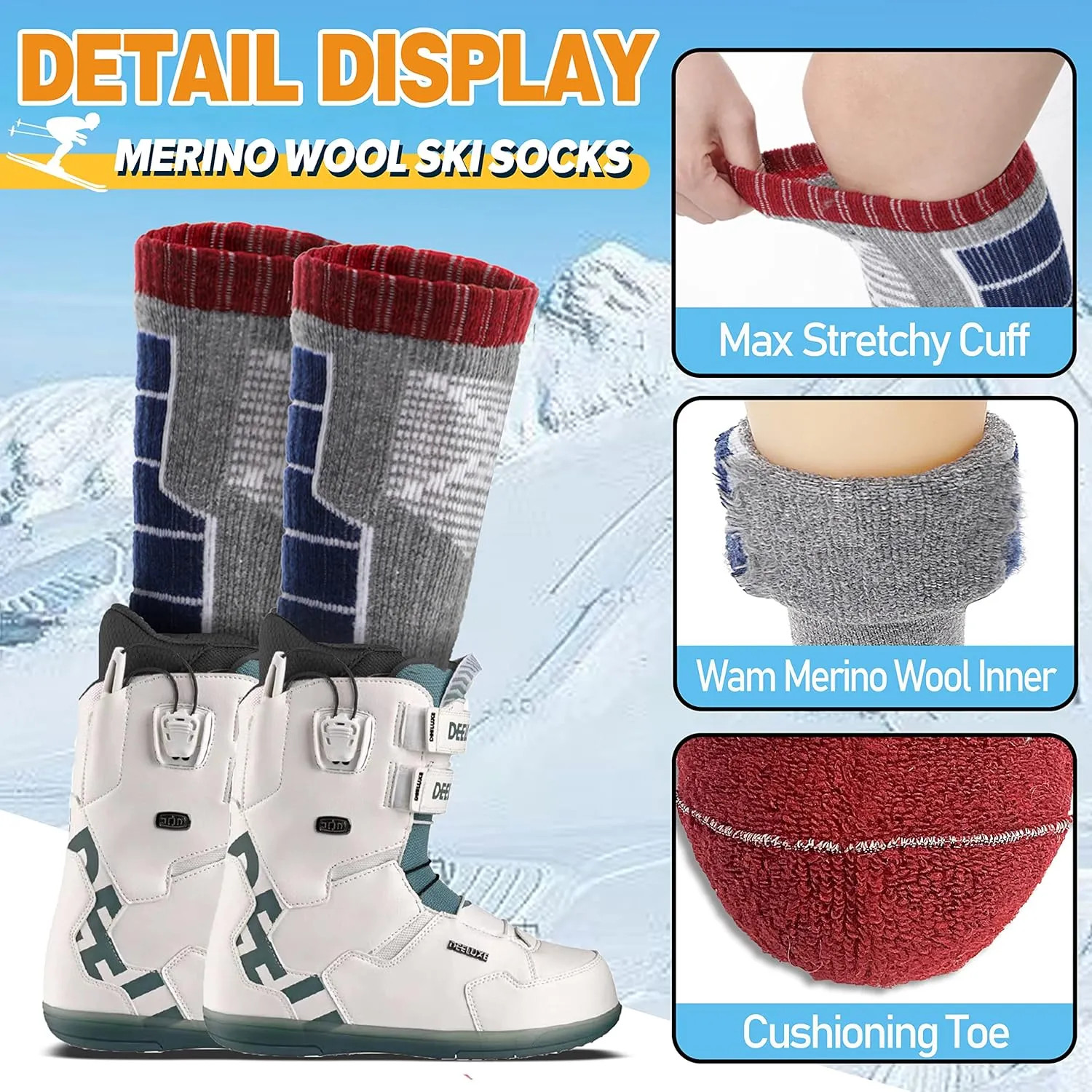 Anlisim Kids Merino Wool Ski Socks 3 Pairs Girls Boys Thermal Winter Warm Thick Breathable Socks for Skiing Snowboarding