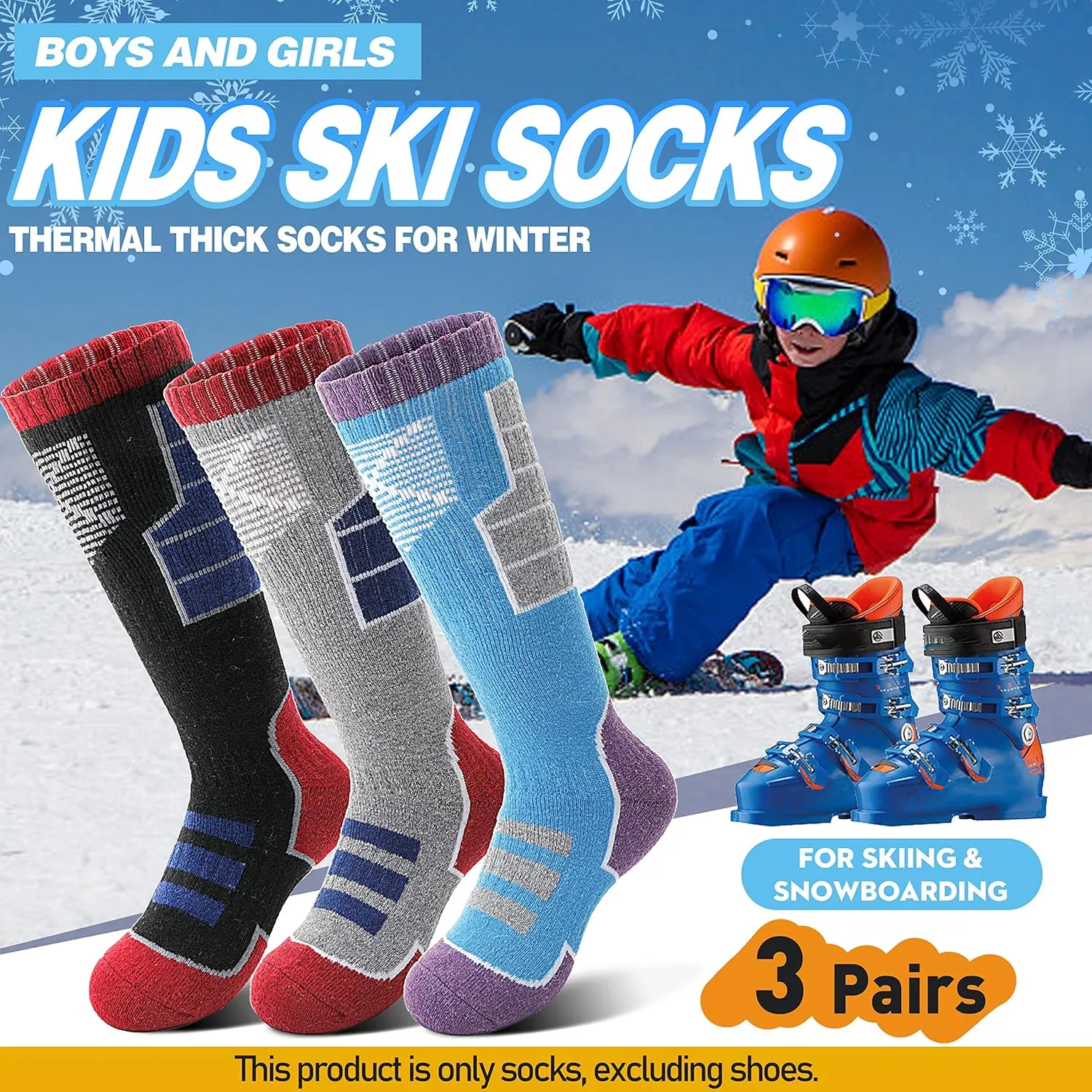 Anlisim Kids Merino Wool Ski Socks 3 Pairs Girls Boys Thermal Winter Warm Thick Breathable Socks for Skiing Snowboarding