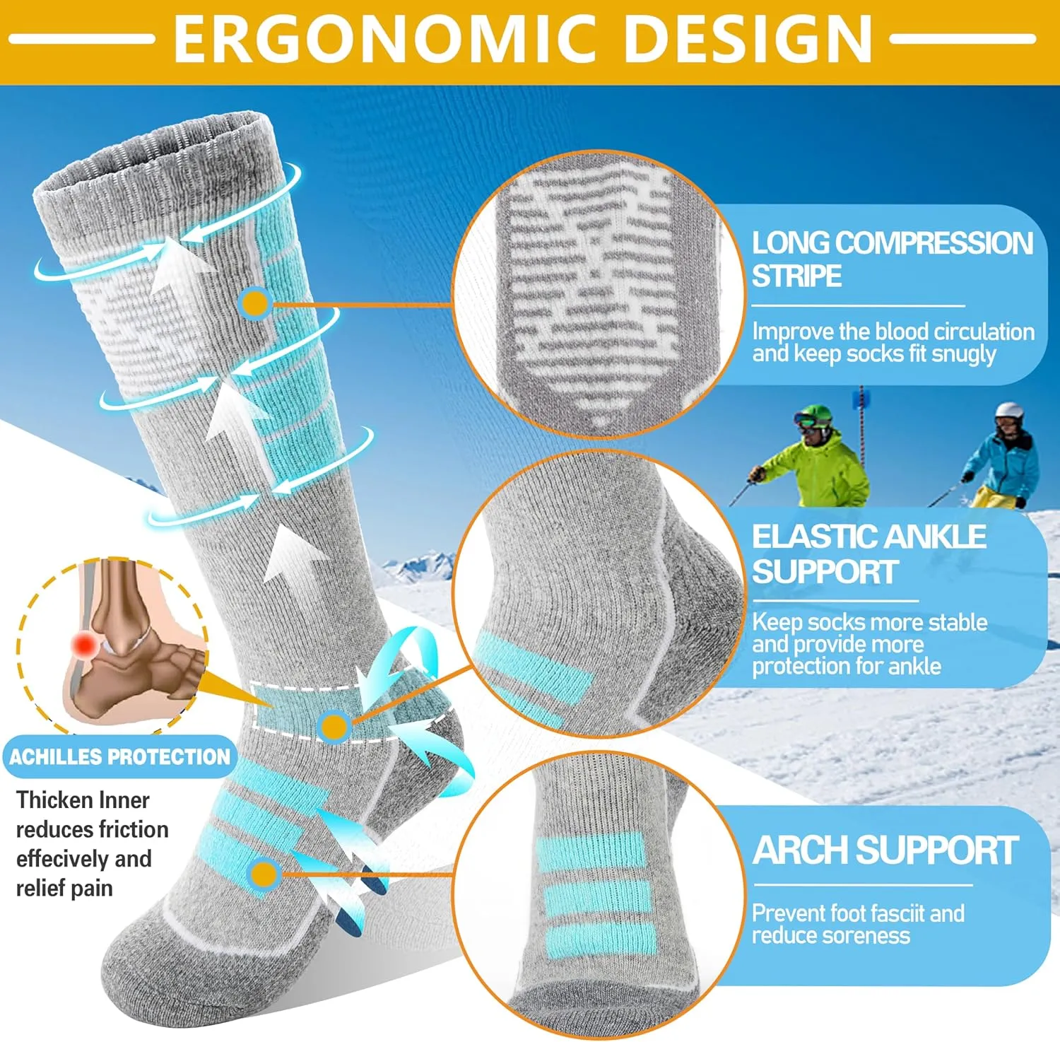 Anlisim Kids Merino Wool Ski Socks 3 Pairs Girls Boys Thermal Winter Warm Thick Breathable Socks for Skiing Snowboarding