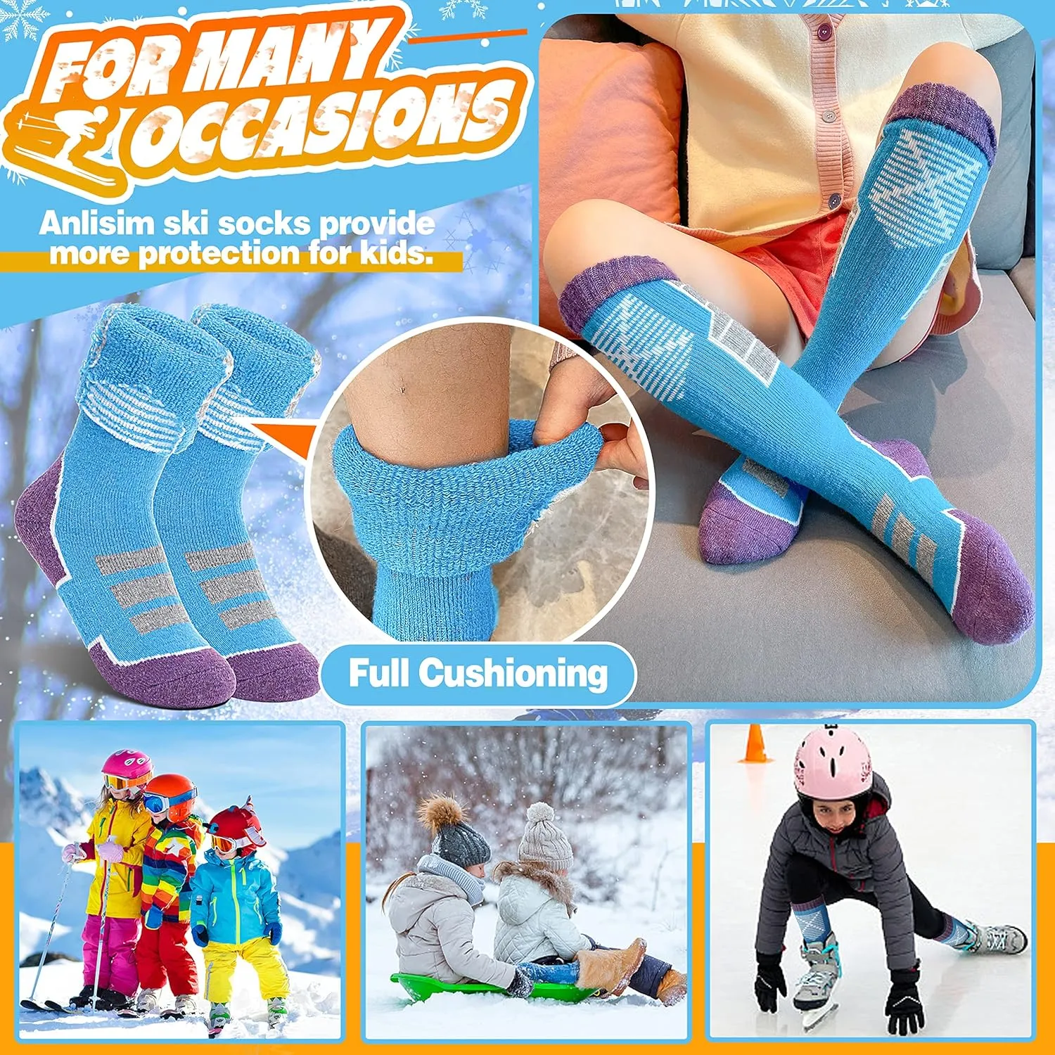 Anlisim Kids Merino Wool Ski Socks 3 Pairs Girls Boys Thermal Winter Warm Thick Breathable Socks for Skiing Snowboarding