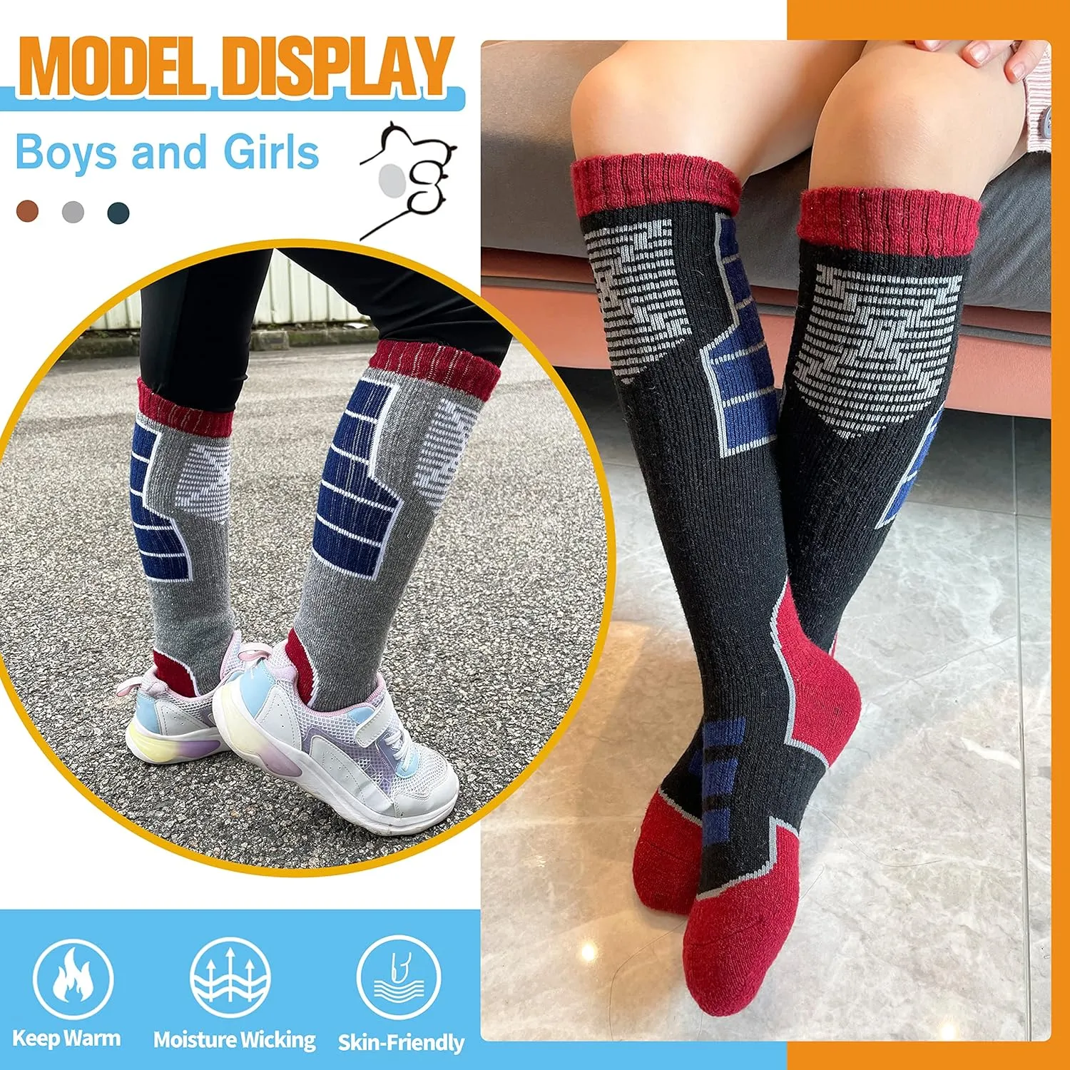 Anlisim Kids Merino Wool Ski Socks 3 Pairs Girls Boys Thermal Winter Warm Thick Breathable Socks for Skiing Snowboarding