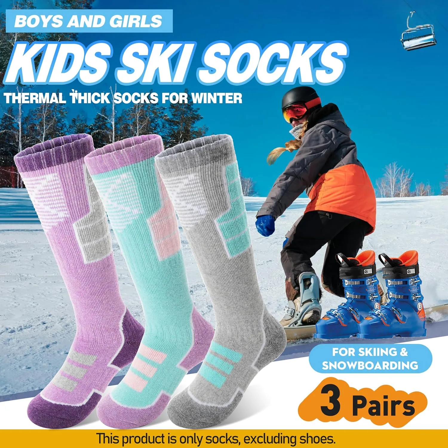 Anlisim Kids Merino Wool Ski Socks 3 Pairs Girls Boys Thermal Winter Warm Thick Breathable Socks for Skiing Snowboarding