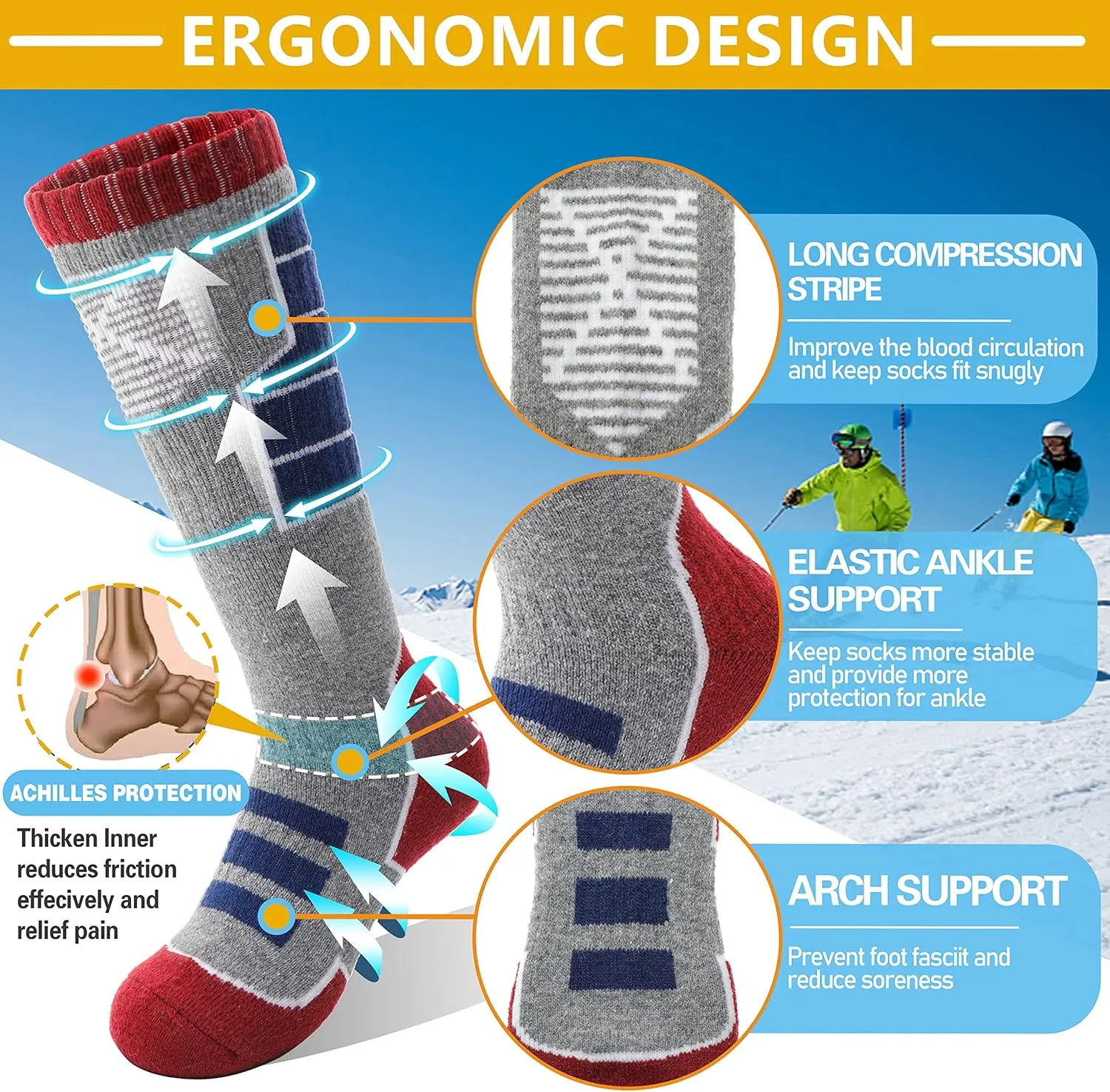 Anlisim Kids Merino Wool Ski Socks 3 Pairs Girls Boys Thermal Winter Warm Thick Breathable Socks for Skiing Snowboarding