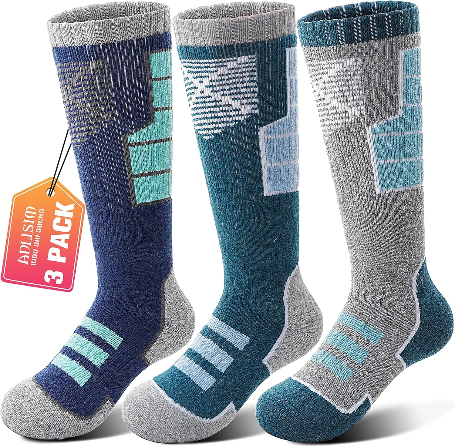 Anlisim Kids Merino Wool Ski Socks 3 Pairs Girls Boys Thermal Winter Warm Thick Breathable Socks for Skiing Snowboarding