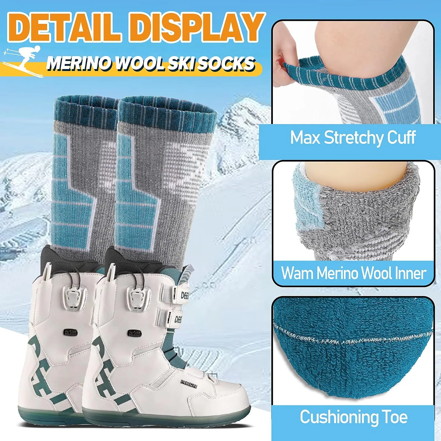 Anlisim Kids Merino Wool Ski Socks 3 Pairs Girls Boys Thermal Winter Warm Thick Breathable Socks for Skiing Snowboarding