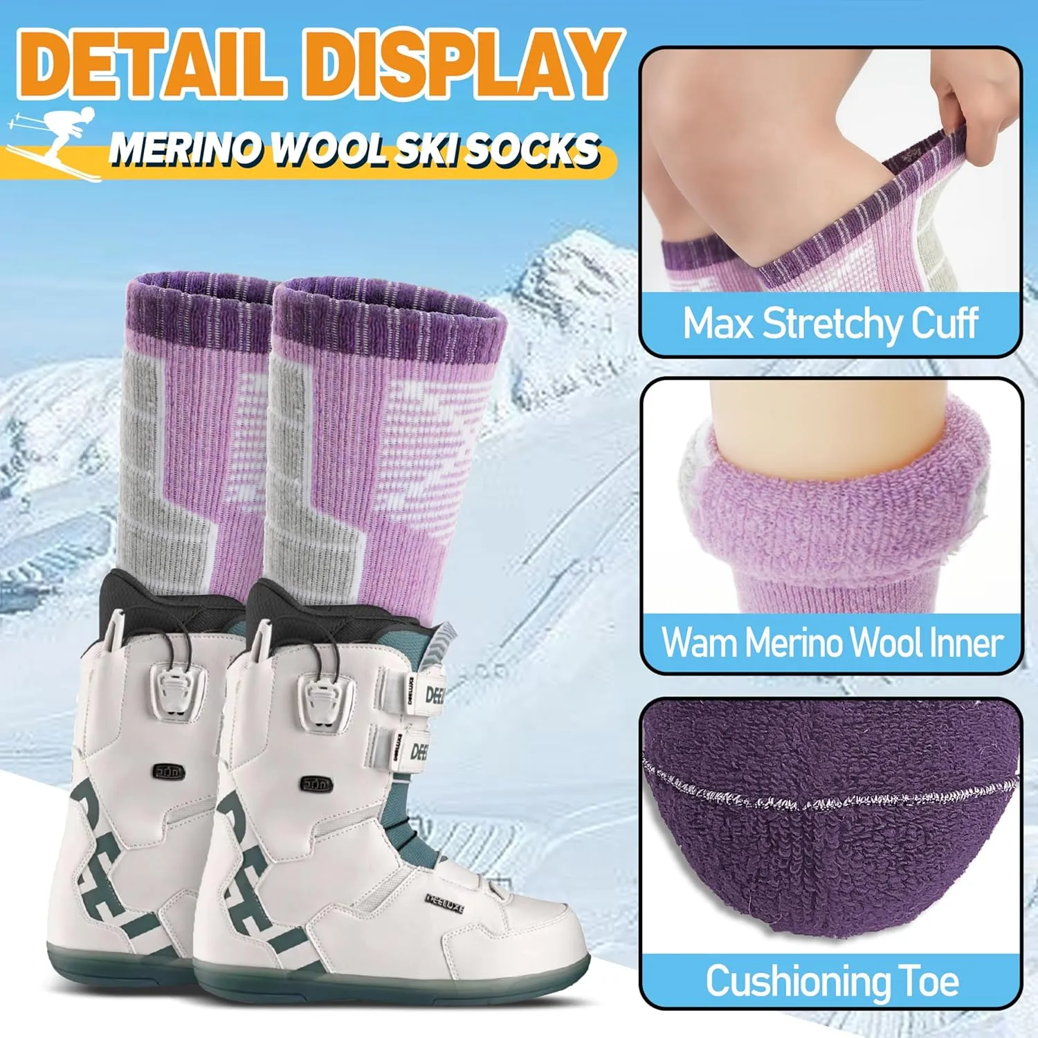 Anlisim Kids Merino Wool Ski Socks 3 Pairs Girls Boys Thermal Winter Warm Thick Breathable Socks for Skiing Snowboarding