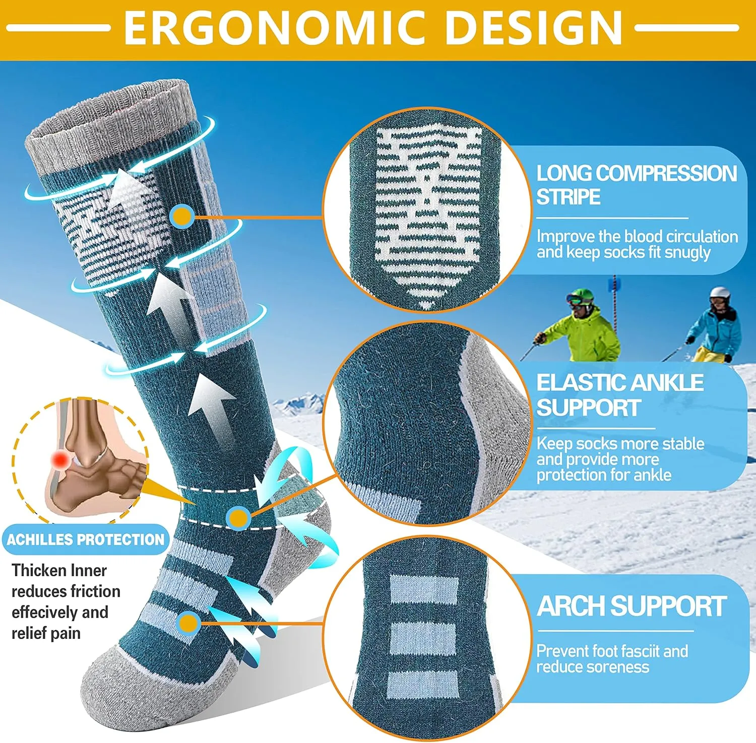 Anlisim Kids Merino Wool Ski Socks 3 Pairs Girls Boys Thermal Winter Warm Thick Breathable Socks for Skiing Snowboarding