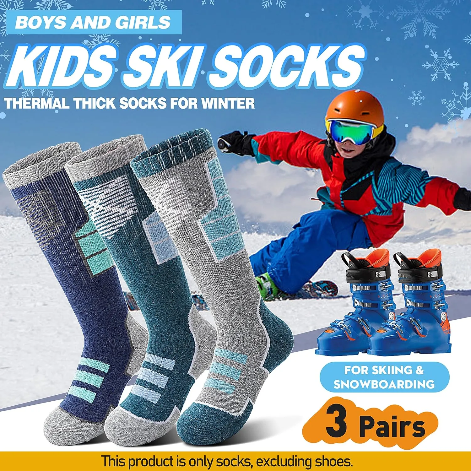 Anlisim Kids Merino Wool Ski Socks 3 Pairs Girls Boys Thermal Winter Warm Thick Breathable Socks for Skiing Snowboarding