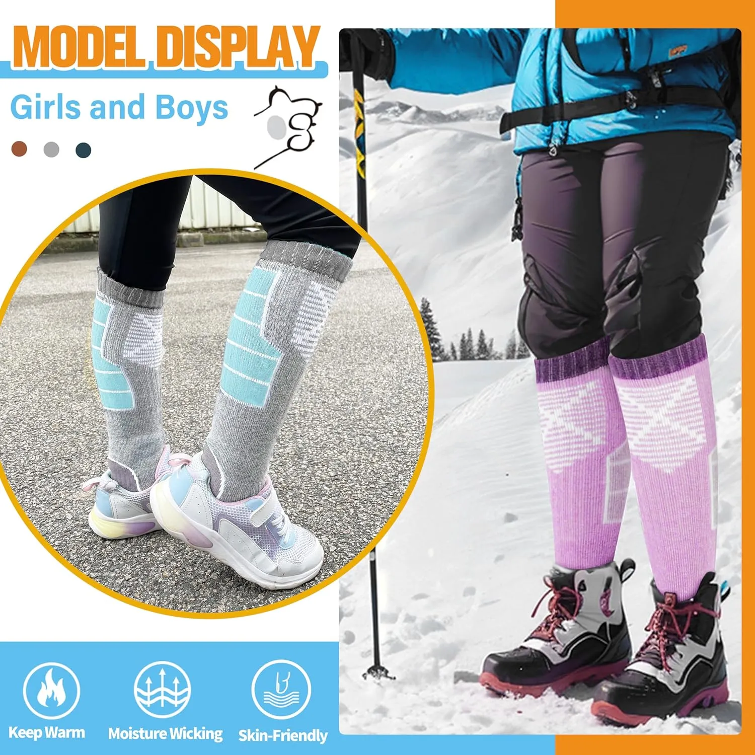 Anlisim Kids Merino Wool Ski Socks 3 Pairs Girls Boys Thermal Winter Warm Thick Breathable Socks for Skiing Snowboarding