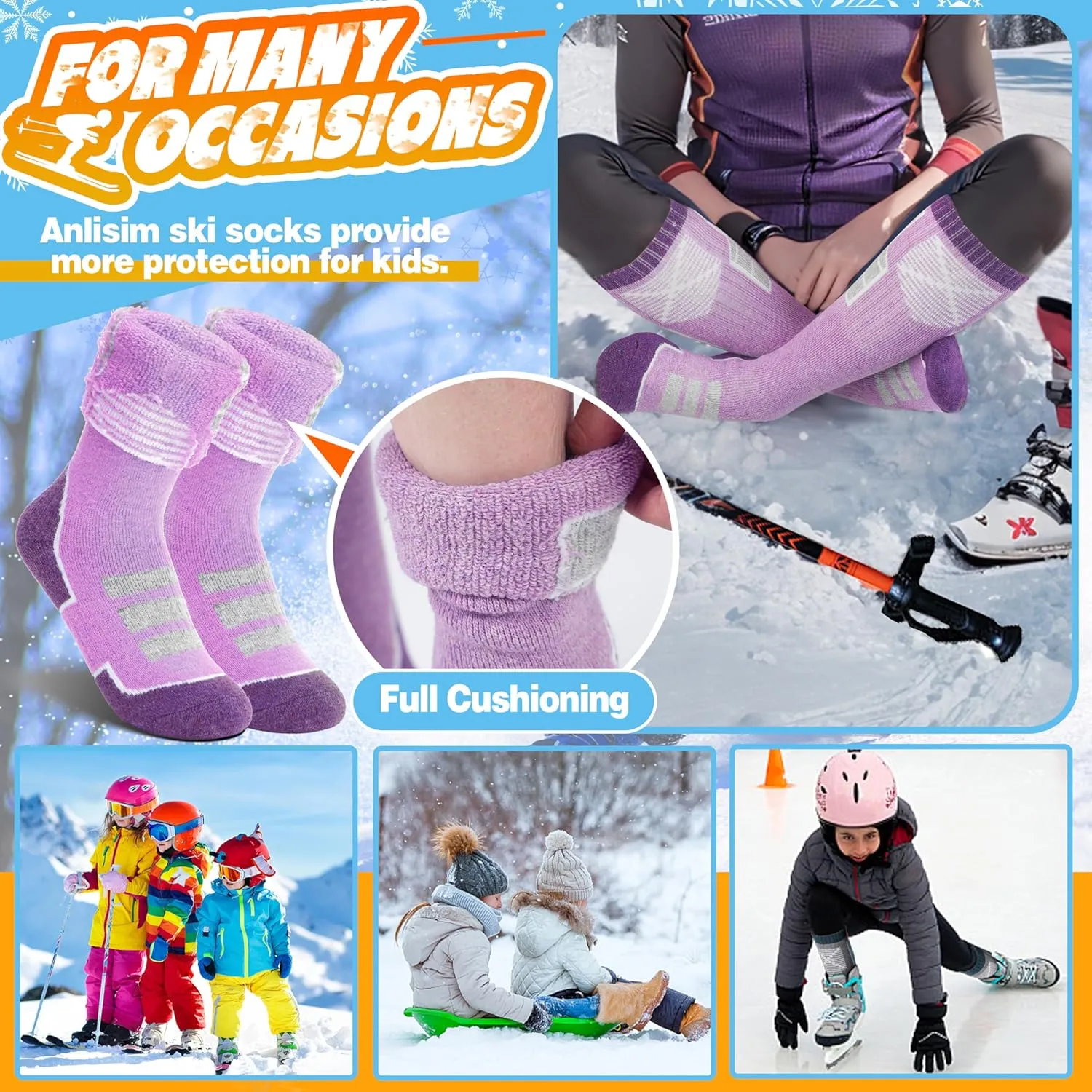 Anlisim Kids Merino Wool Ski Socks 3 Pairs Girls Boys Thermal Winter Warm Thick Breathable Socks for Skiing Snowboarding