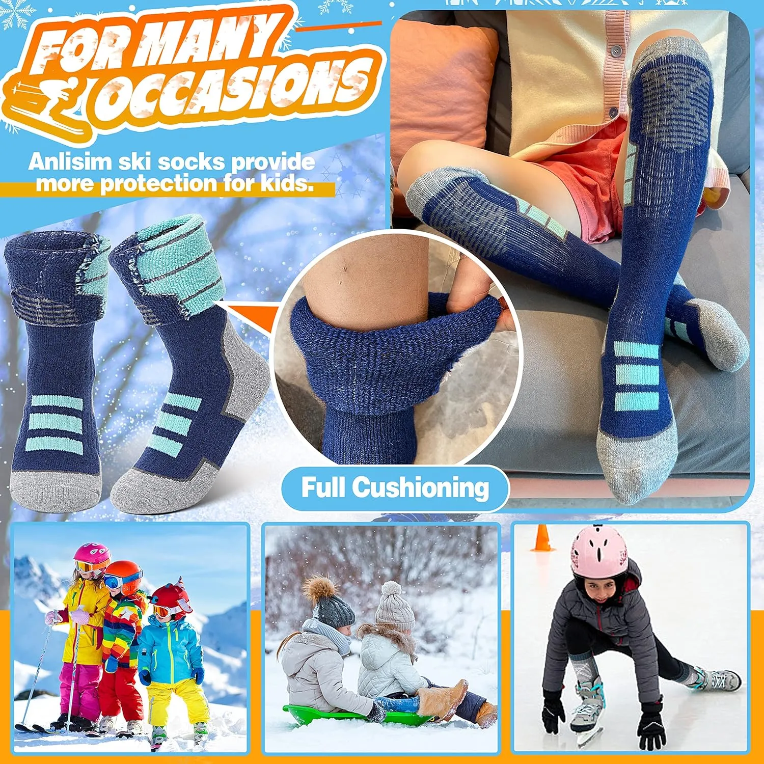 Anlisim Kids Merino Wool Ski Socks 3 Pairs Girls Boys Thermal Winter Warm Thick Breathable Socks for Skiing Snowboarding