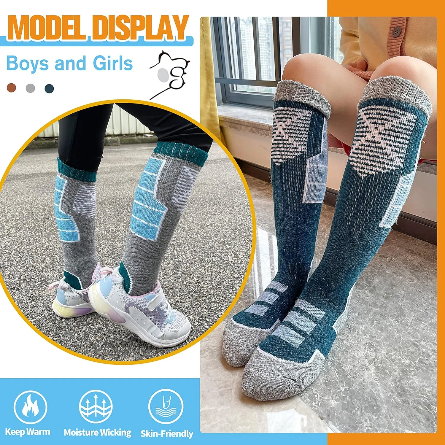 Anlisim Kids Merino Wool Ski Socks 3 Pairs Girls Boys Thermal Winter Warm Thick Breathable Socks for Skiing Snowboarding