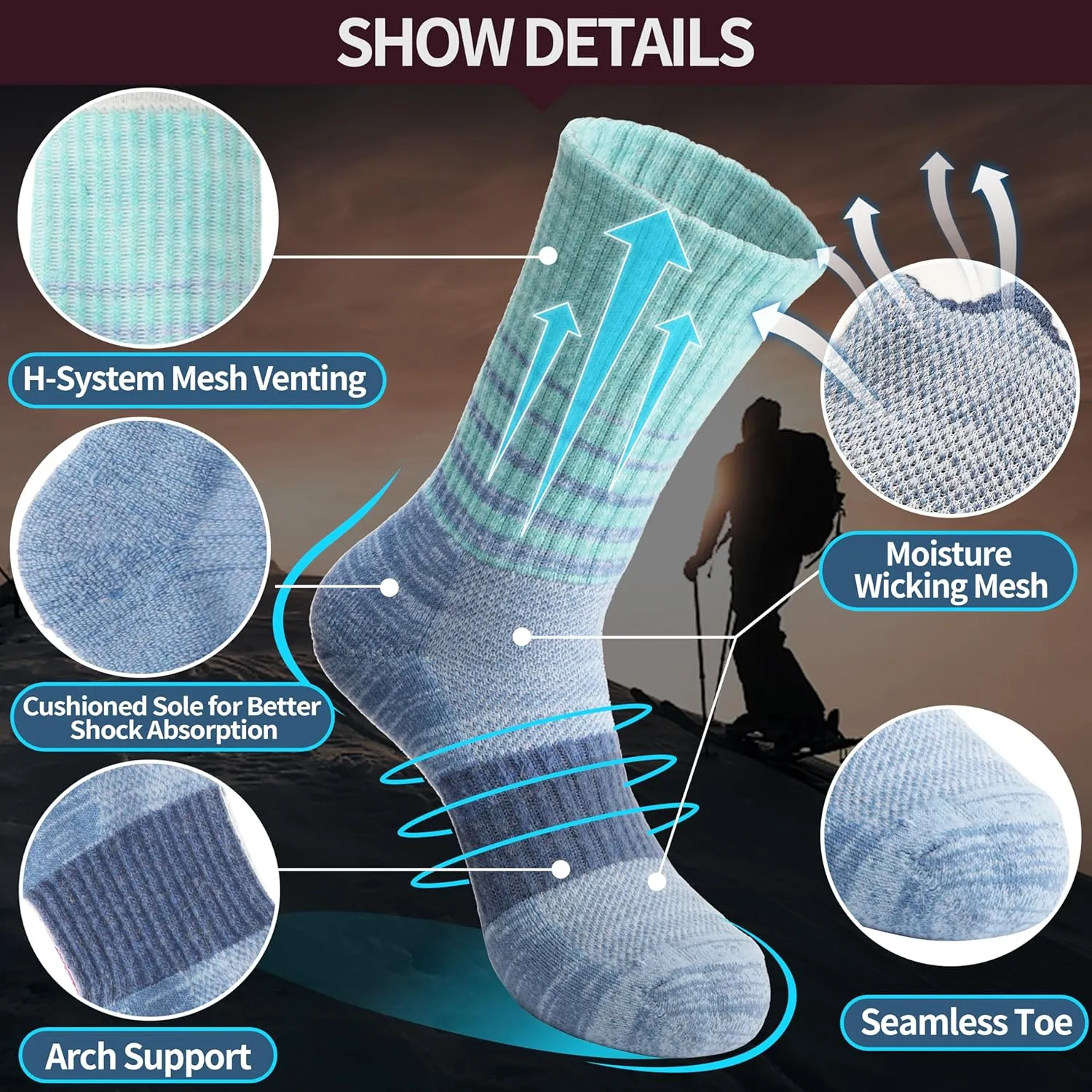 Anlisim Merino Wool Hiking Socks for Women Thermal Winter Warm Boot Work Cushion Socks 5 Pairs