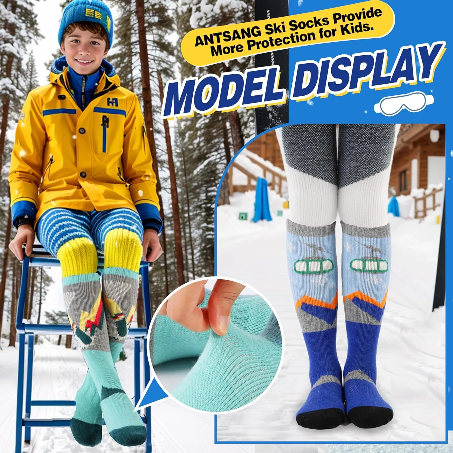 ANTSANG 3 Pairs Kids Merino Wool Ski Socks Boys Girls Thermal Thick Warm Winter Cozy Socks for Skiing Snowboarding