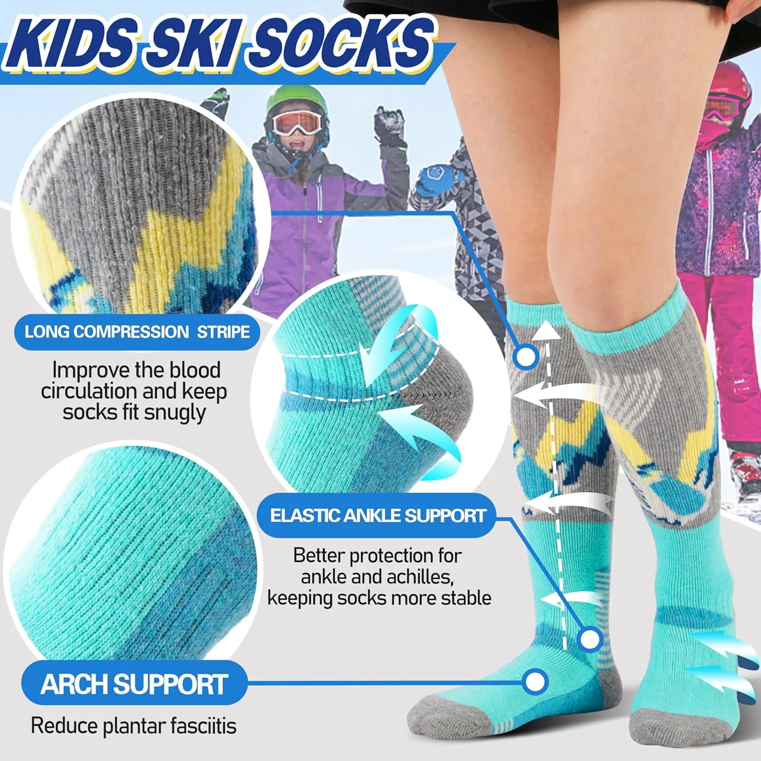ANTSANG 3 Pairs Kids Merino Wool Ski Socks Boys Girls Thermal Thick Warm Winter Cozy Socks for Skiing Snowboarding